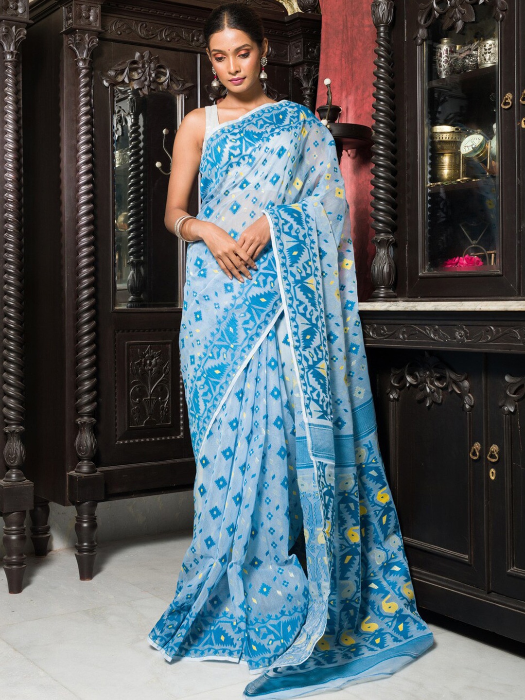 

HERE&NOW Blue & Yellow Woven Design Jamdani Saree