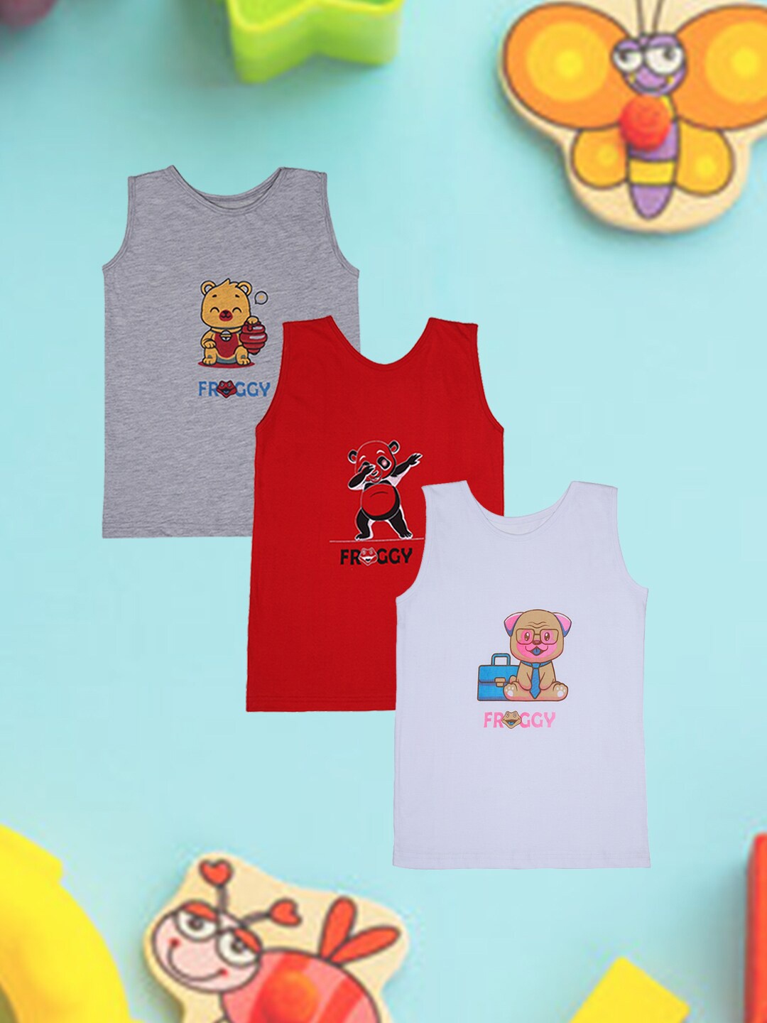 

FROGGY Kids Pack Of 3 Assorted Printed Pure Cotton Basic Vests