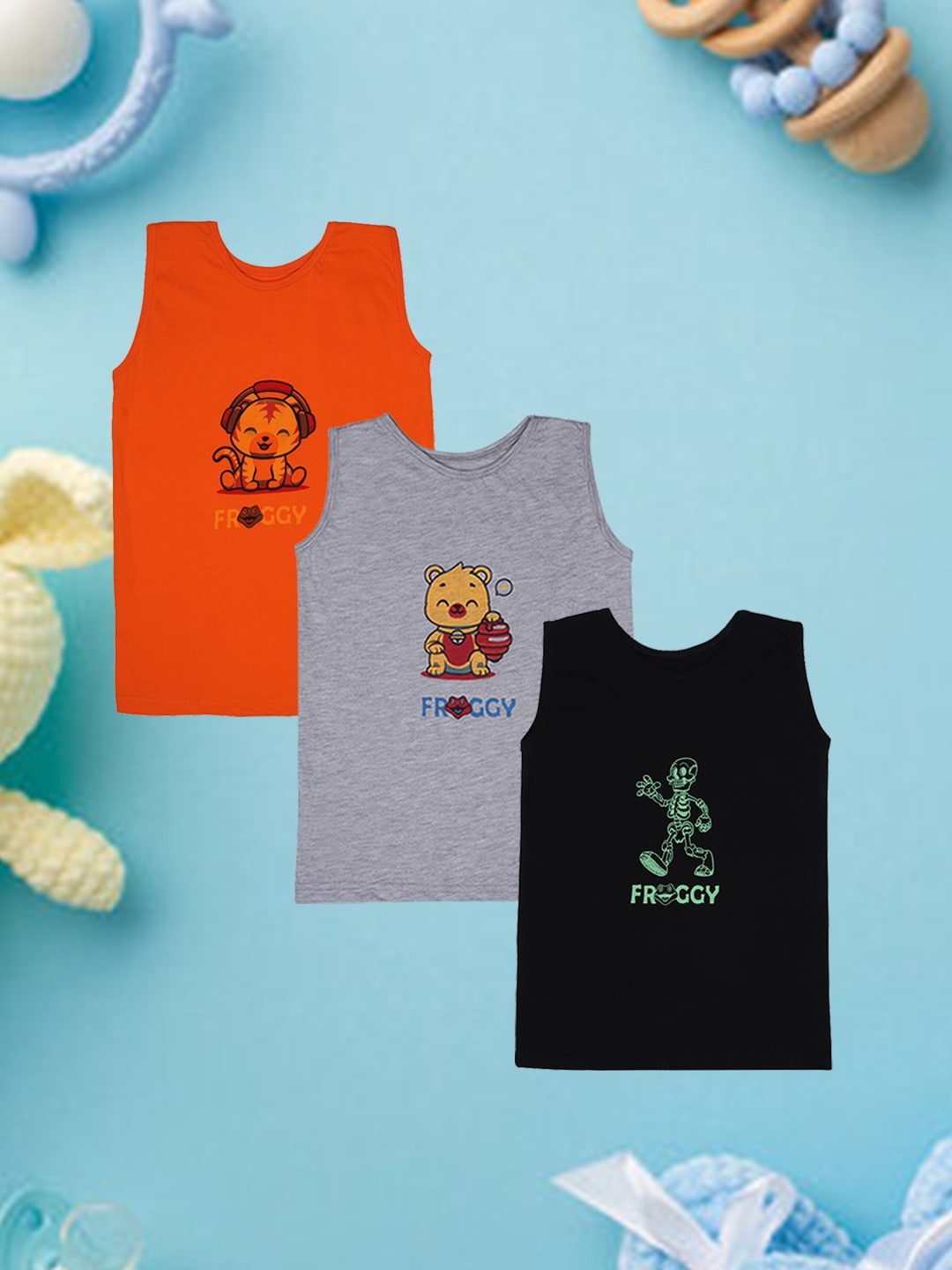 

FROGGY Kids Pack Of 3 Assorted Printed Pure Cotton Basic Vests