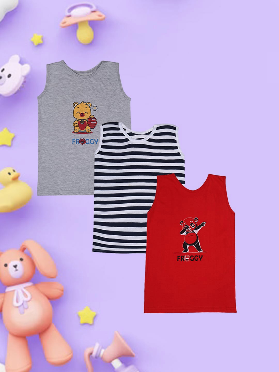 

FROGGY Kids Pack Of 3 Assorted Printed Pure Cotton Basic Vests
