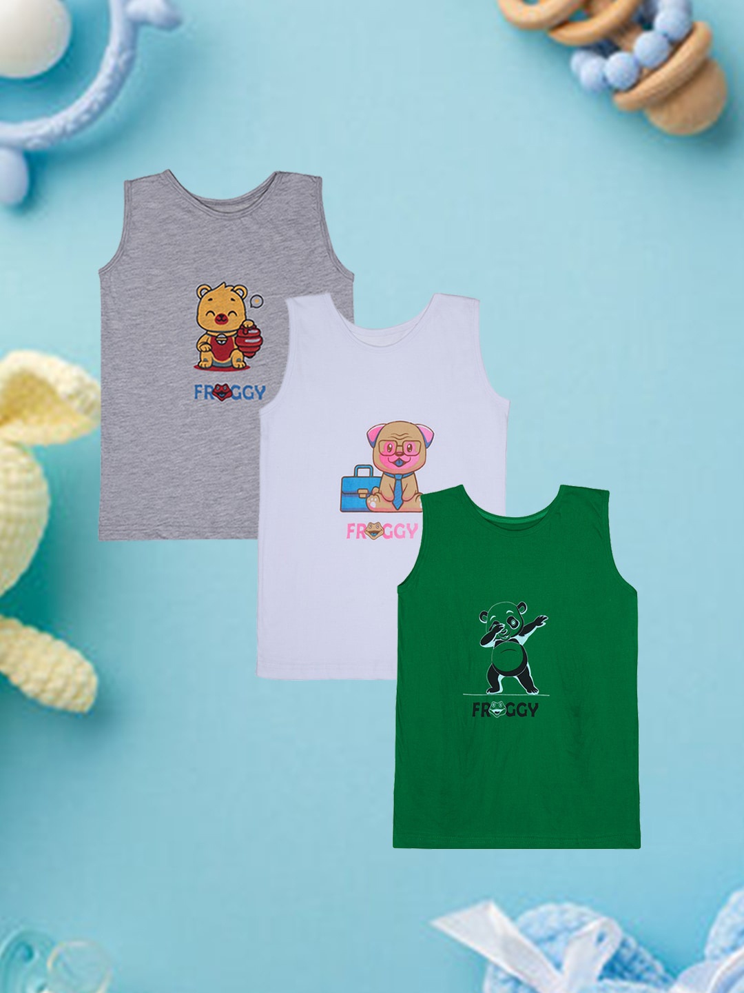 

FROGGY Kids Pack Of 3 Assorted Printed Pure Cotton Basic Vests