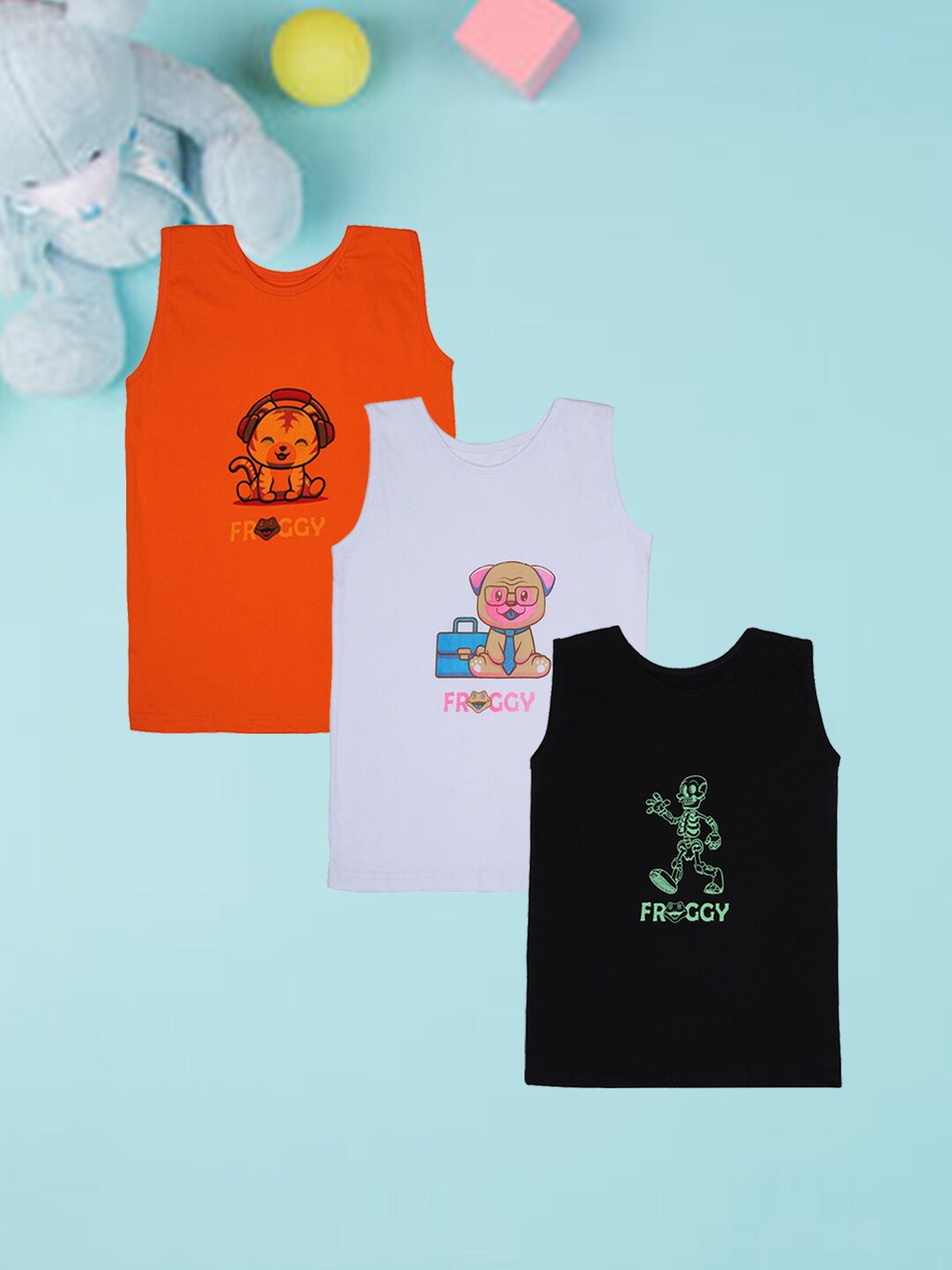 

FROGGY Kids Pack Of 3 Assorted Printed Pure Cotton Innerwear Vests