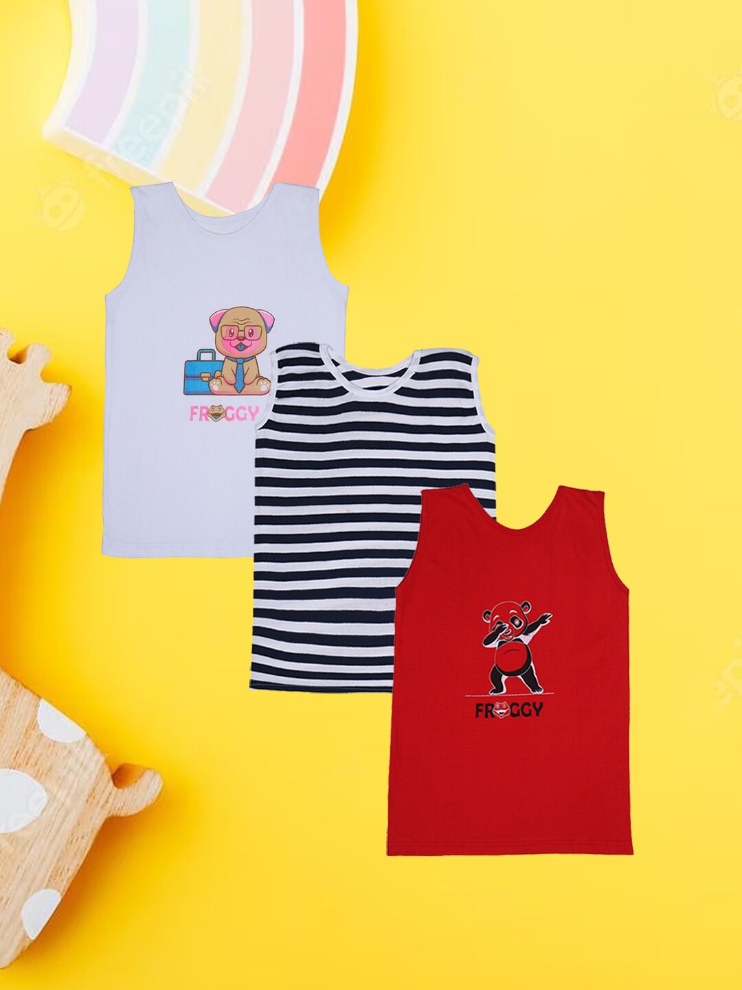

FROGGY Kids Pack Of 3 Assorted Printed Pure Cotton Innerwear Vests