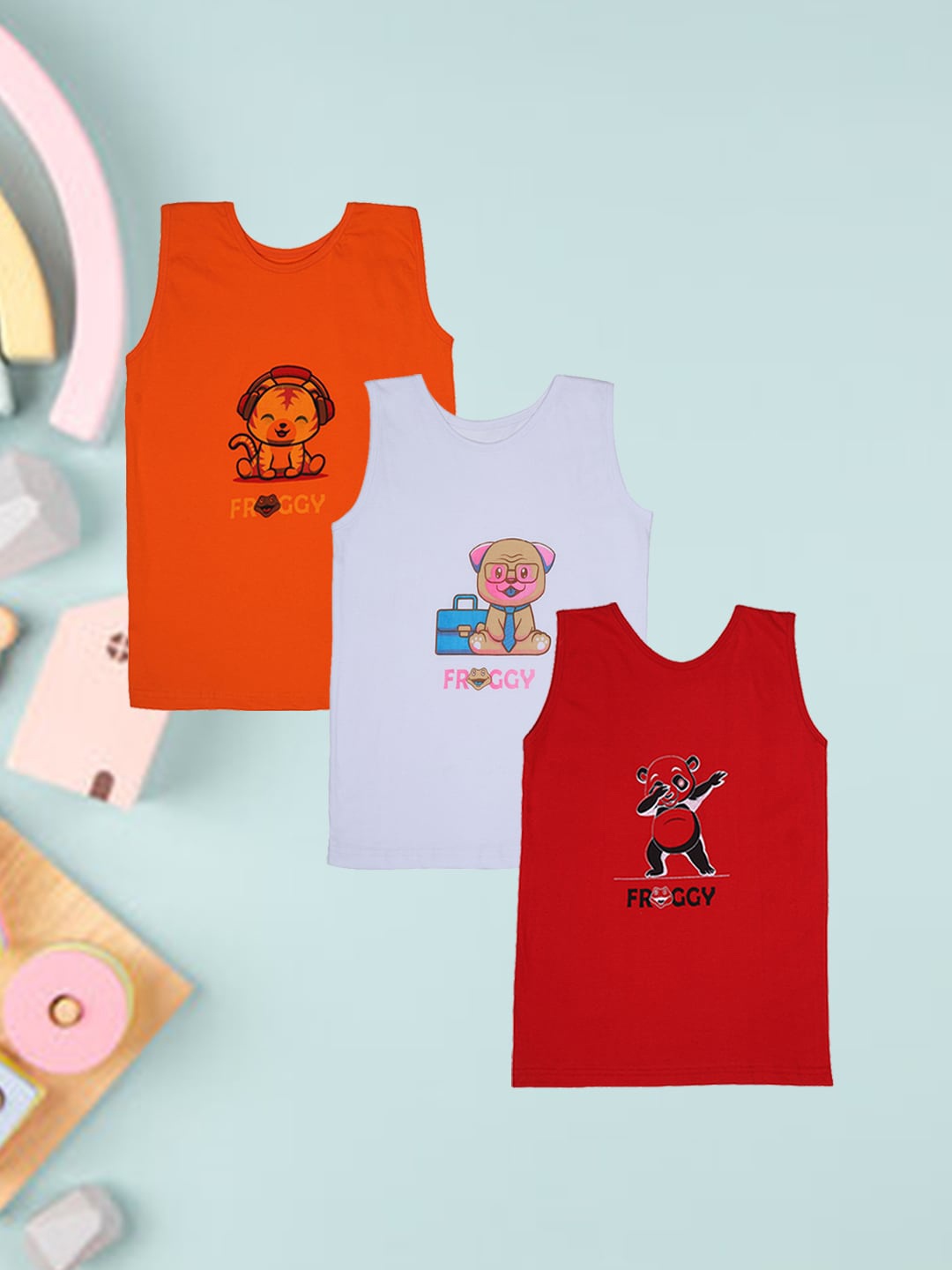 

FROGGY Kids Pack Of 3 Assorted Printed Pure Cotton Innerwear Vests
