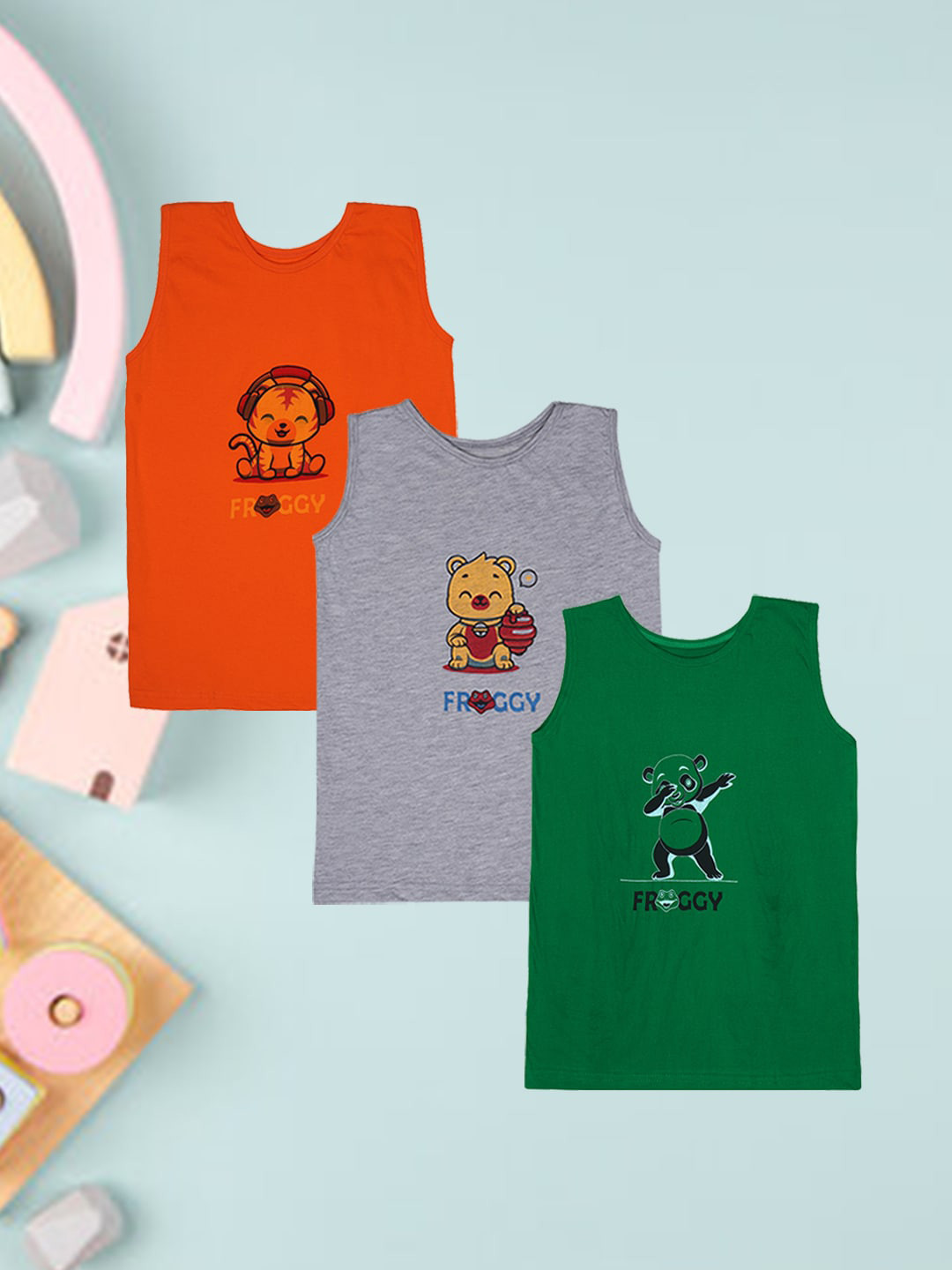 

FROGGY Kids Pack Of 3 Assorted Printed Pure Cotton Innerwear Vests