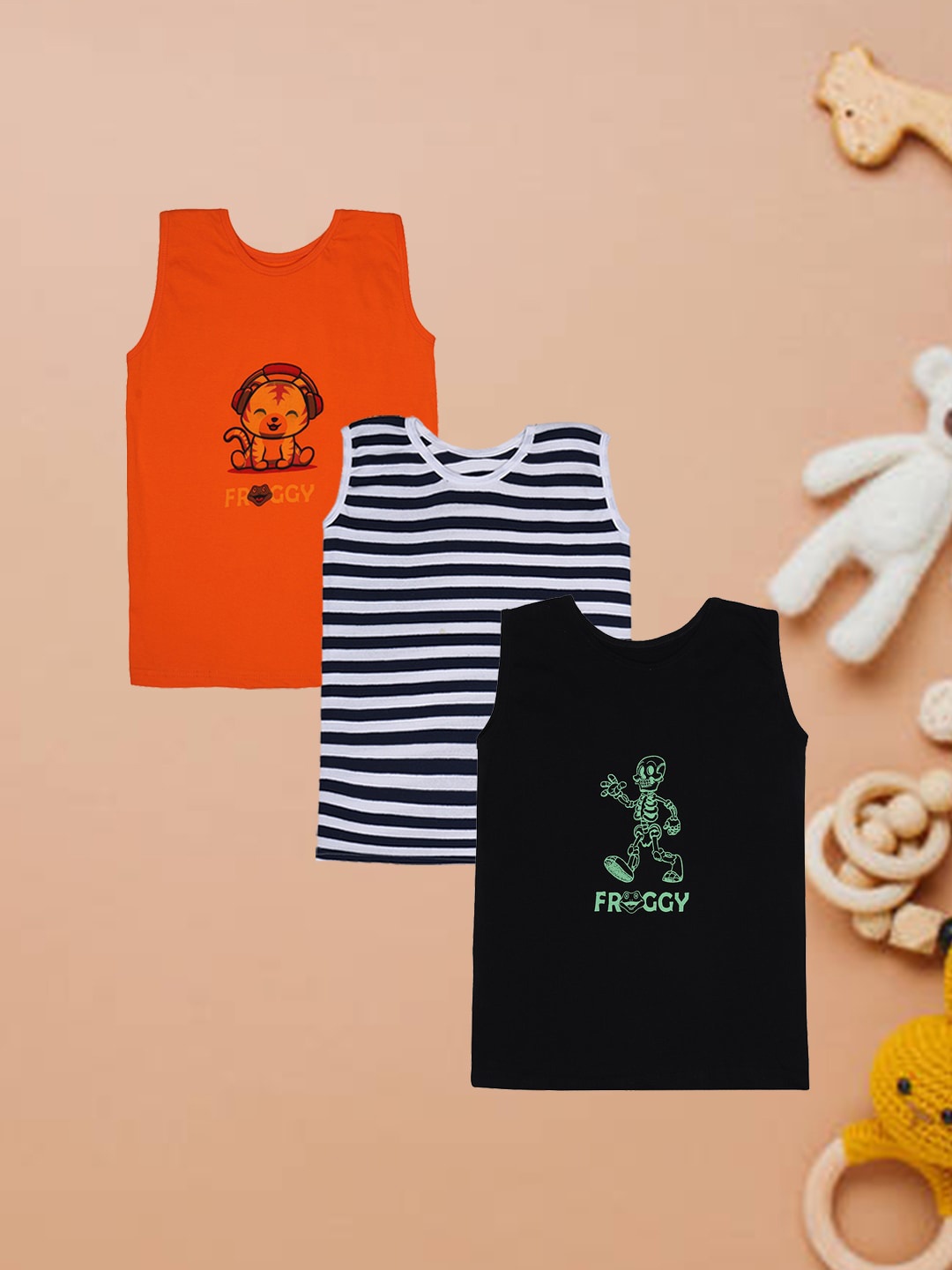 

FROGGY Kids Pack Of 3 Assorted Pure Cotton Innerwear Vests