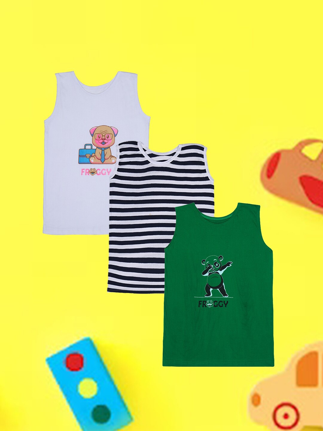 

FROGGY Kids Pack Of 3 Assorted Printed Pure Cotton Innerwear Vests