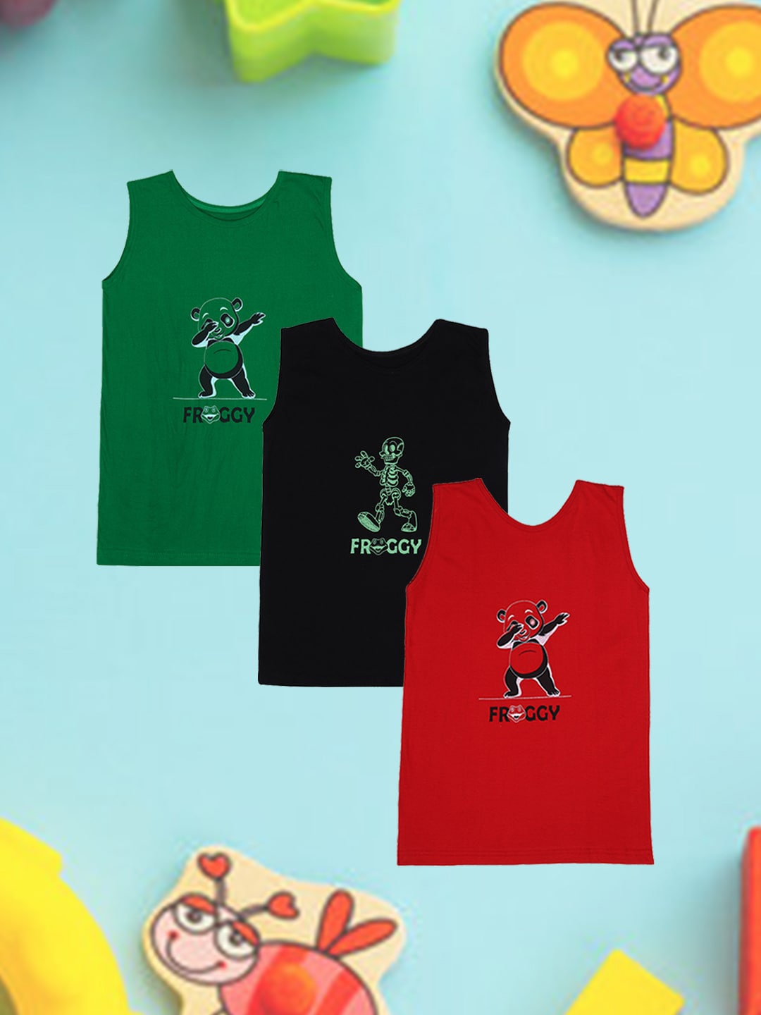 

FROGGY Kids Pack Of 3 Assorted Printed Pure Cotton Innerwear Vests