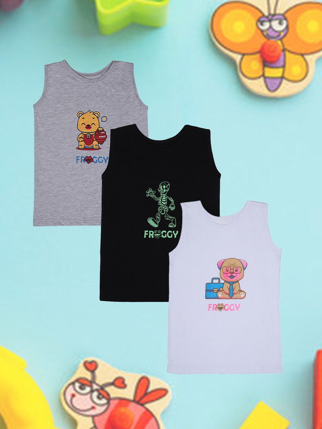 

FROGGY Kids Pack Of 3 Assorted Printed Pure Cotton Innerwear Vests