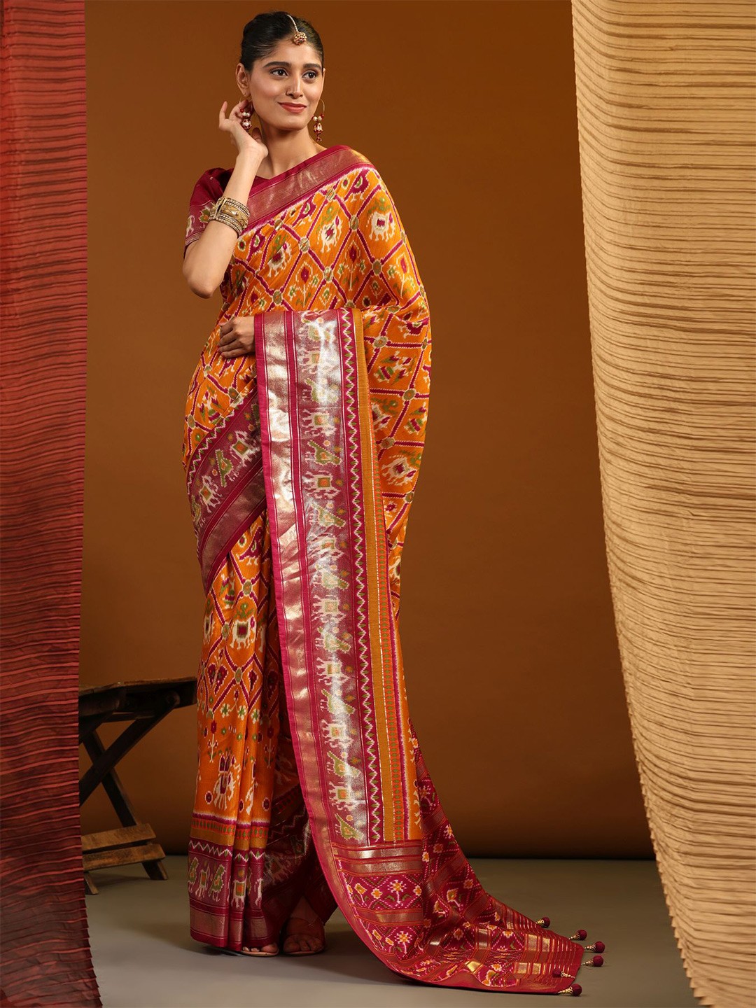 

Phenav Ethnic Motifs Zari Border Ikat Silk Saree with Blouse, Yellow