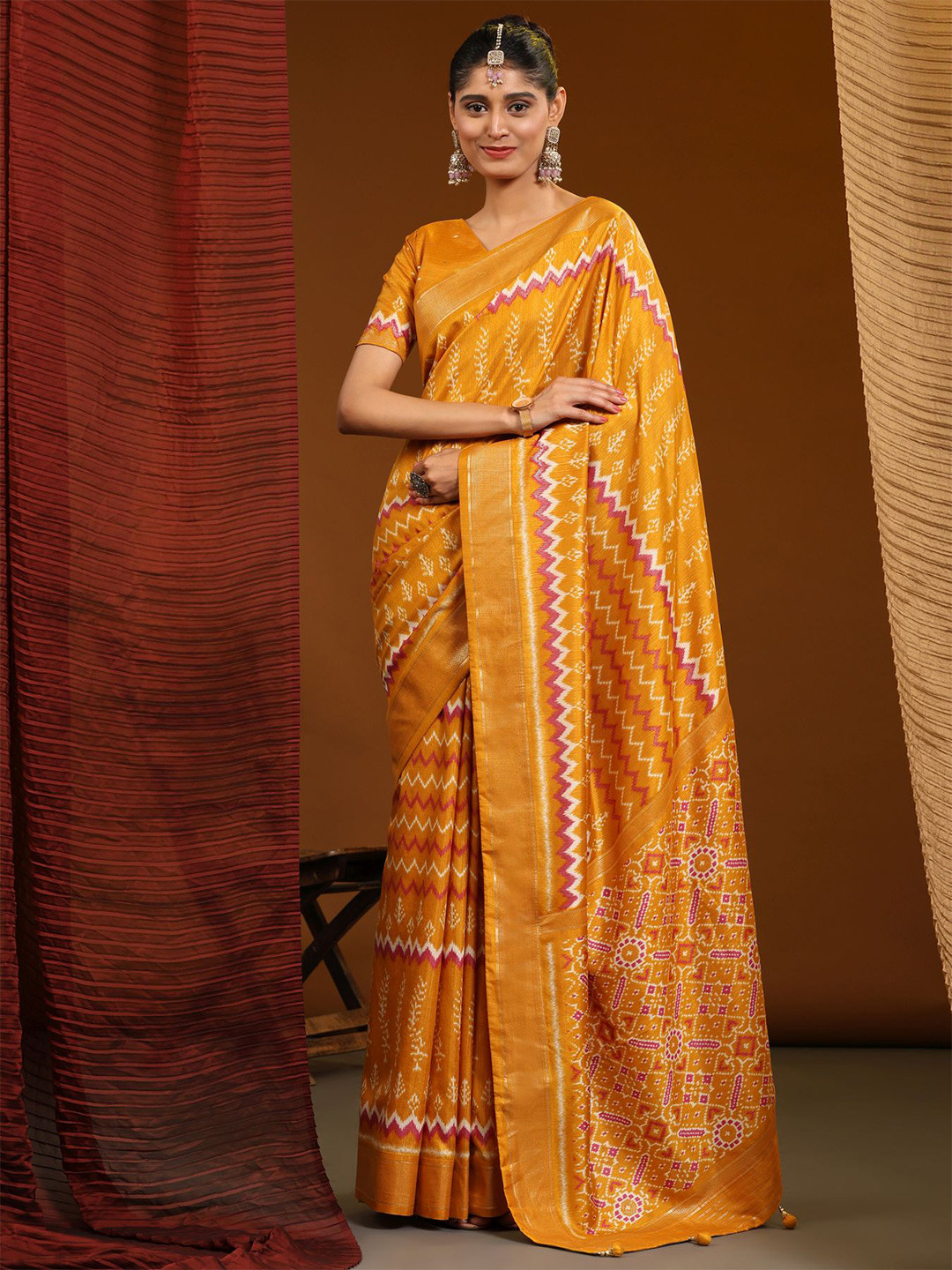 

Phenav Ethnic Motifs Zari Border Ikat Silk Saree with Blouse, Yellow