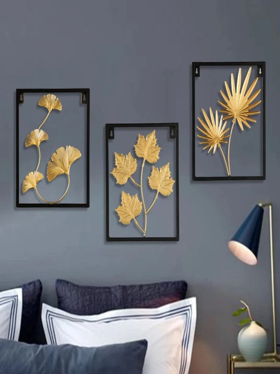 

The Art House Black 3-Pieces Textured Frame Leafs Metal Wall Decor, Gold