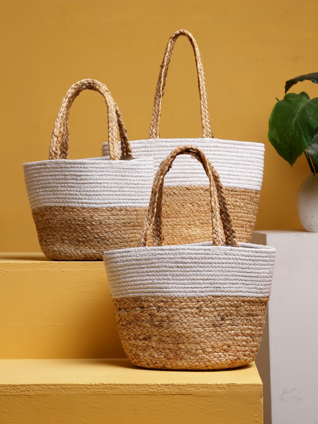 

FABINALIV Pack Of 3 Colourblocked Structured Jute Tote Bag, Beige