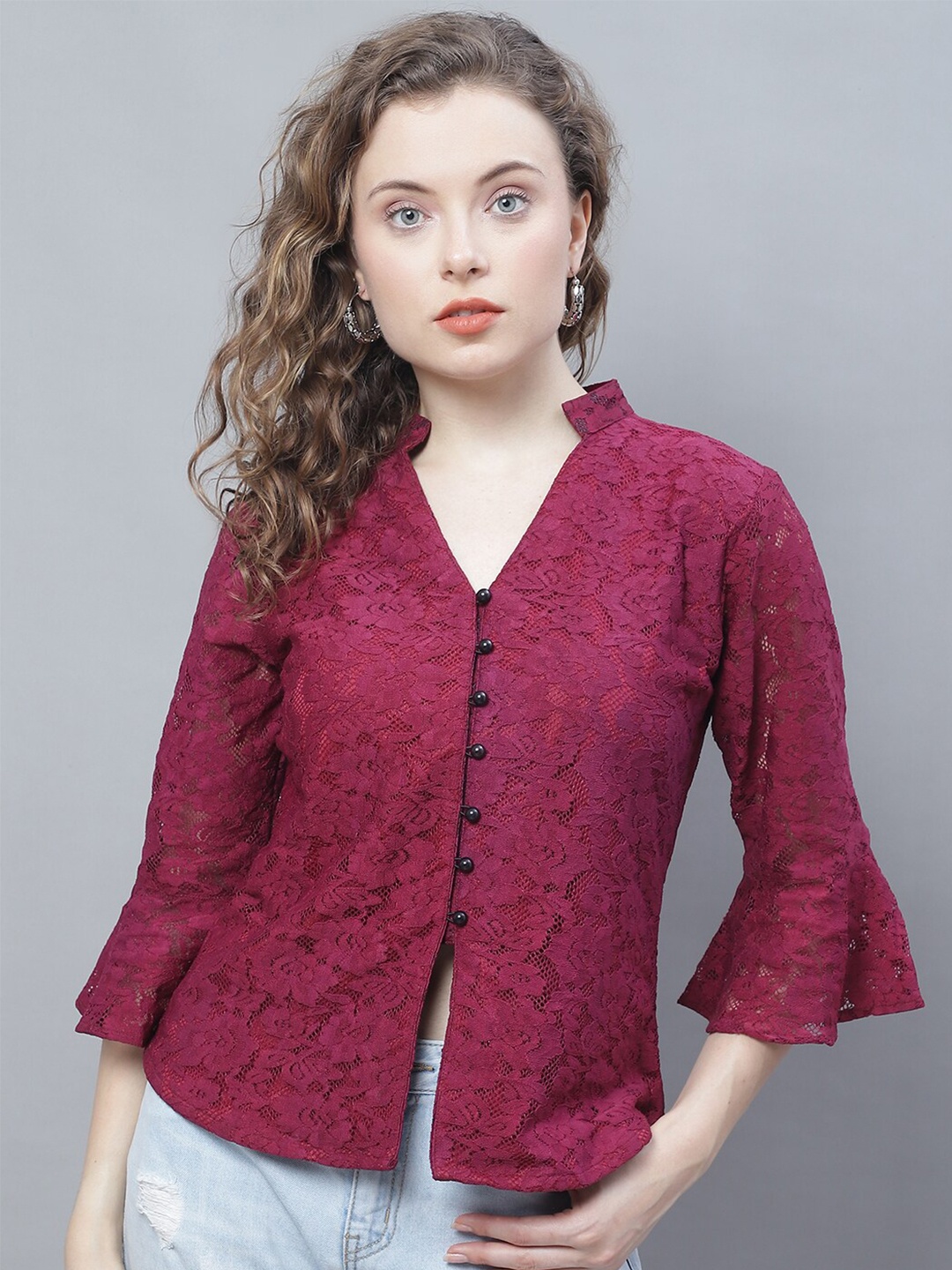 

Karmic Vision Mandarin Collar Bell Sleeve Crepe Shirt Style Top, Maroon