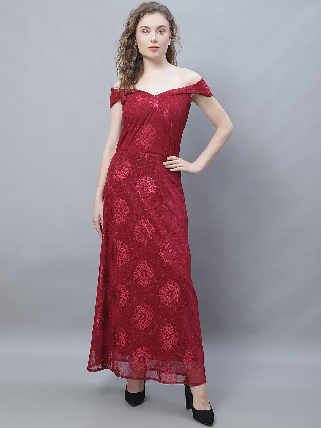 

Karmic Vision Floral Printed Off-Shoulder Maxi Dress, Maroon