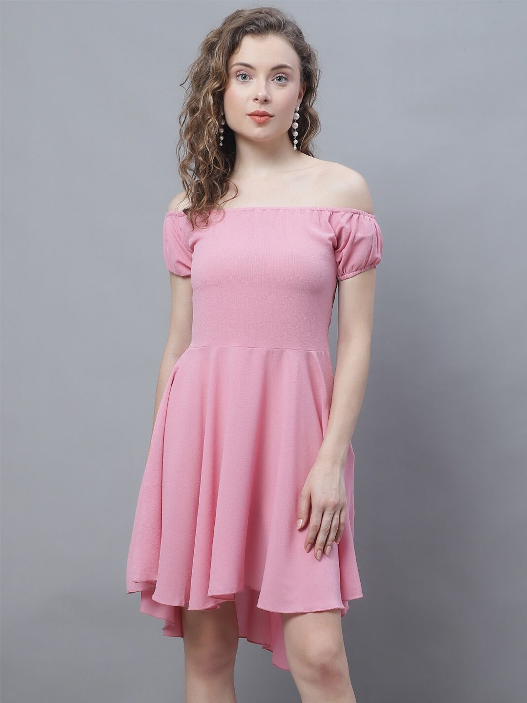 

Karmic Vision Off-Shoulder Crepe Casual Fit & Flare Dress, Pink