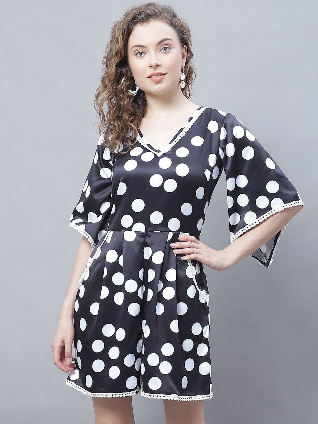 

Karmic Vision Polka Dot Printed V-Neck Flared Sleeve Fit & Flare Dress, Black