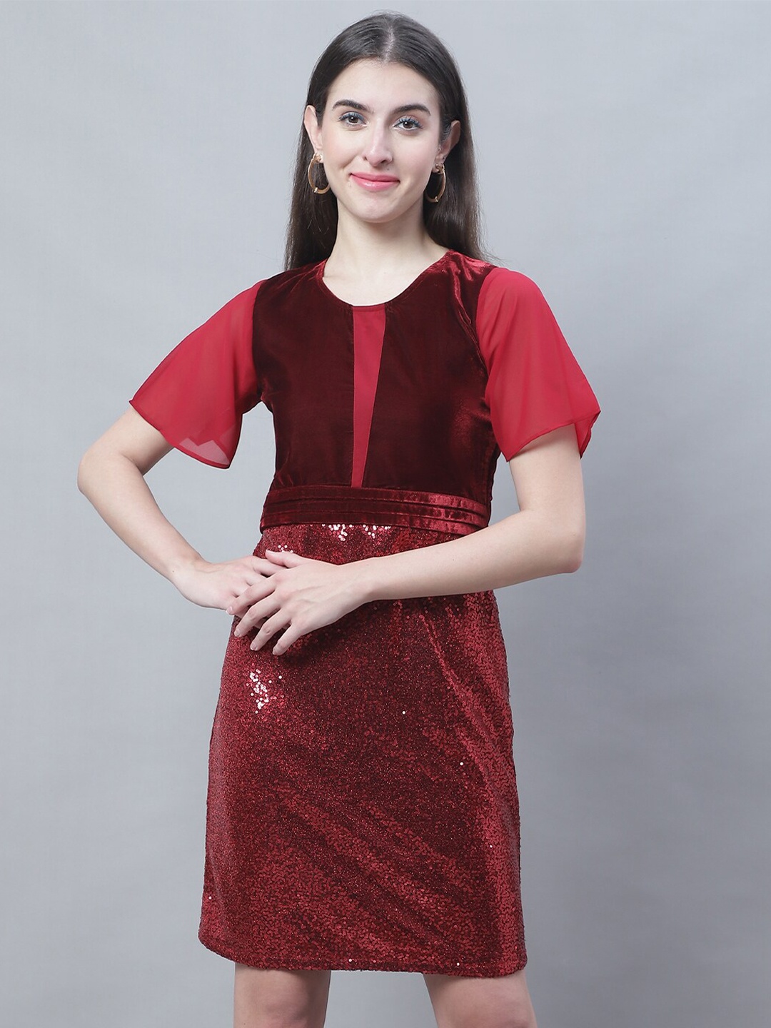 

Karmic Vision Red and Maroon Bling & Sparkly Round Neck Sheath Dress