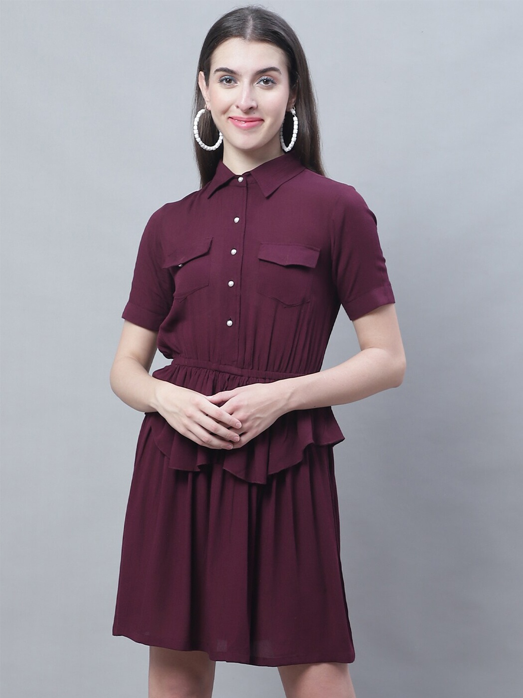 

Karmic Vision Shirt Collar Gathered Pocket Detailed Fit & Flare Dress, Brown
