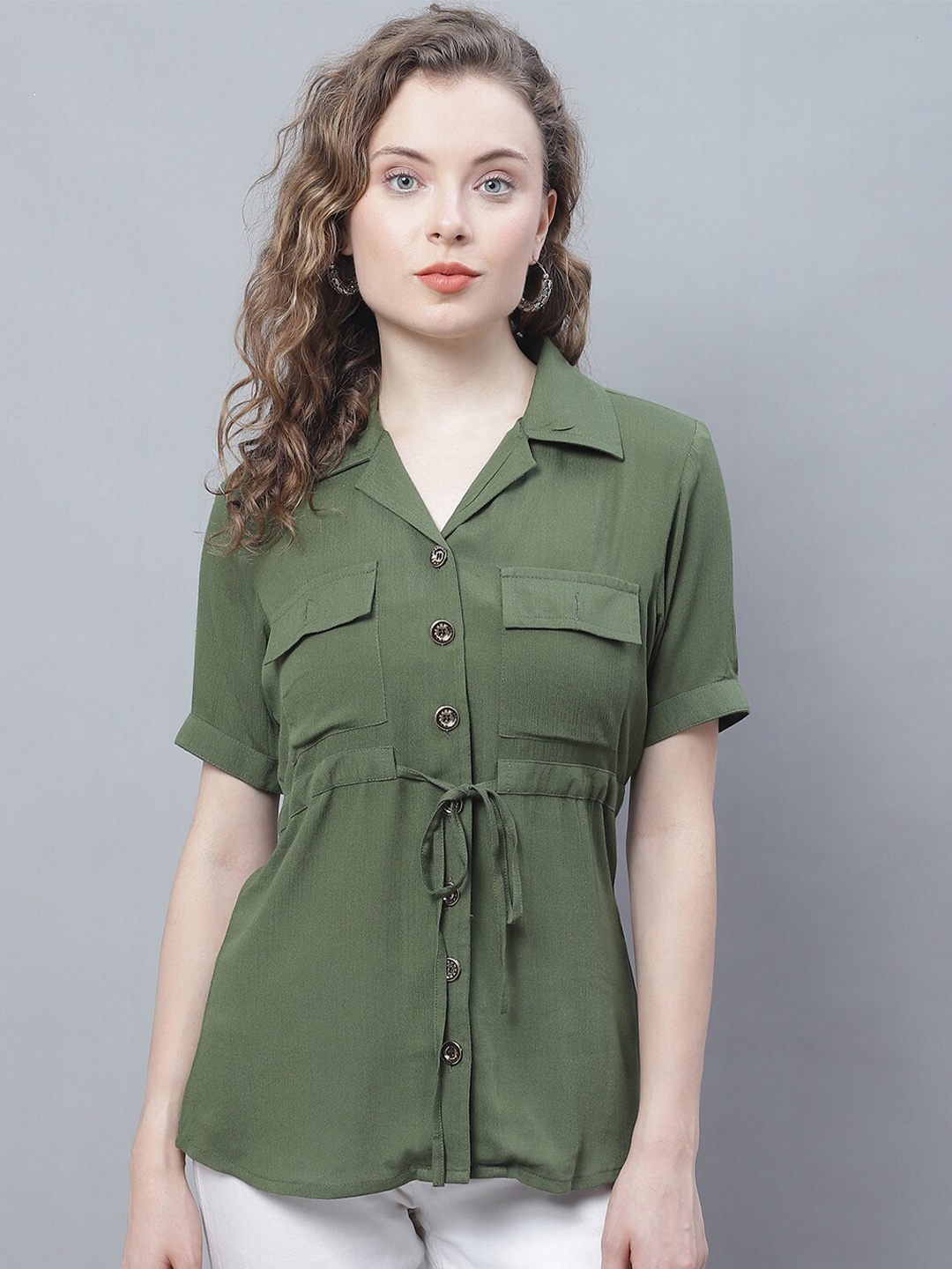 

Karmic Vision Waist Tie-Up Crepe Shirt Style Top, Olive