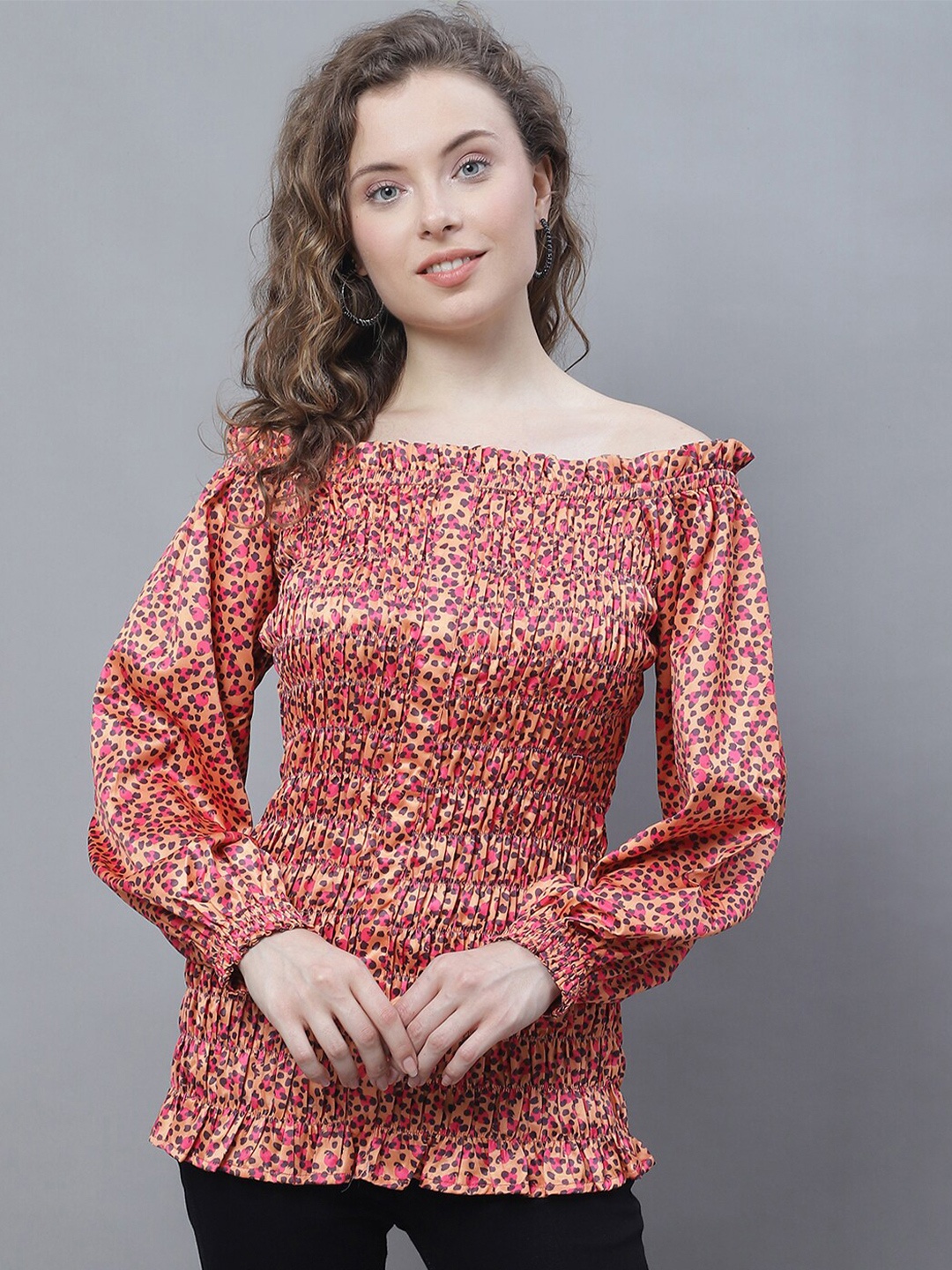 

Karmic Vision Animal Printed Puff Sleeves Bardot Top, Orange