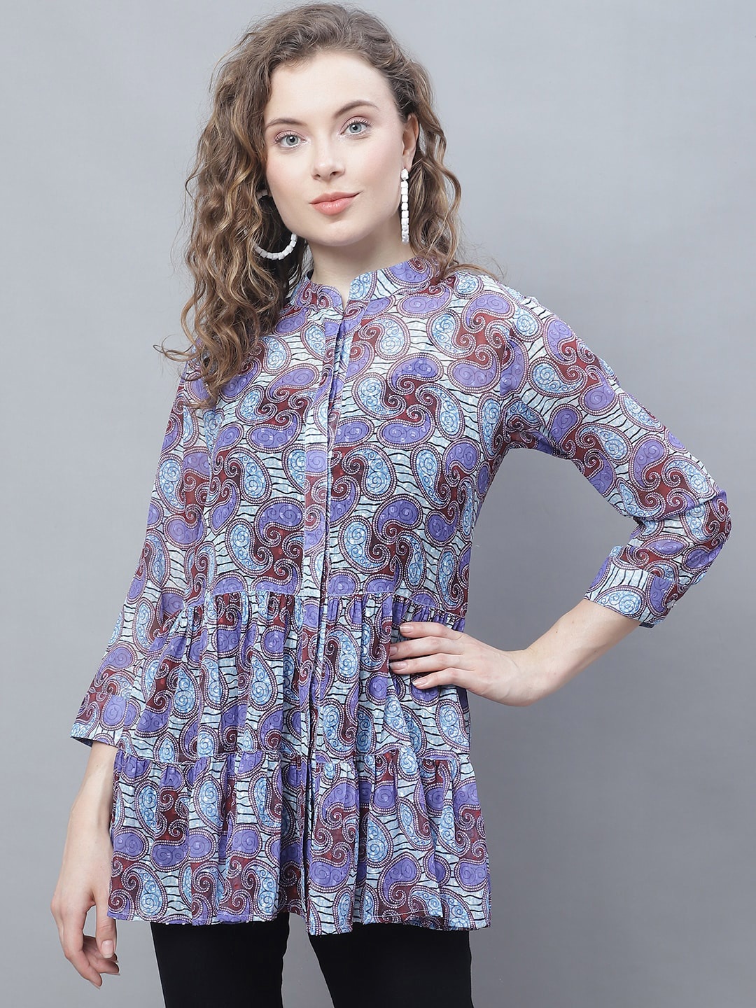

Karmic Vision Pasiley Printed Mandarin Collar Peplum Top, Blue