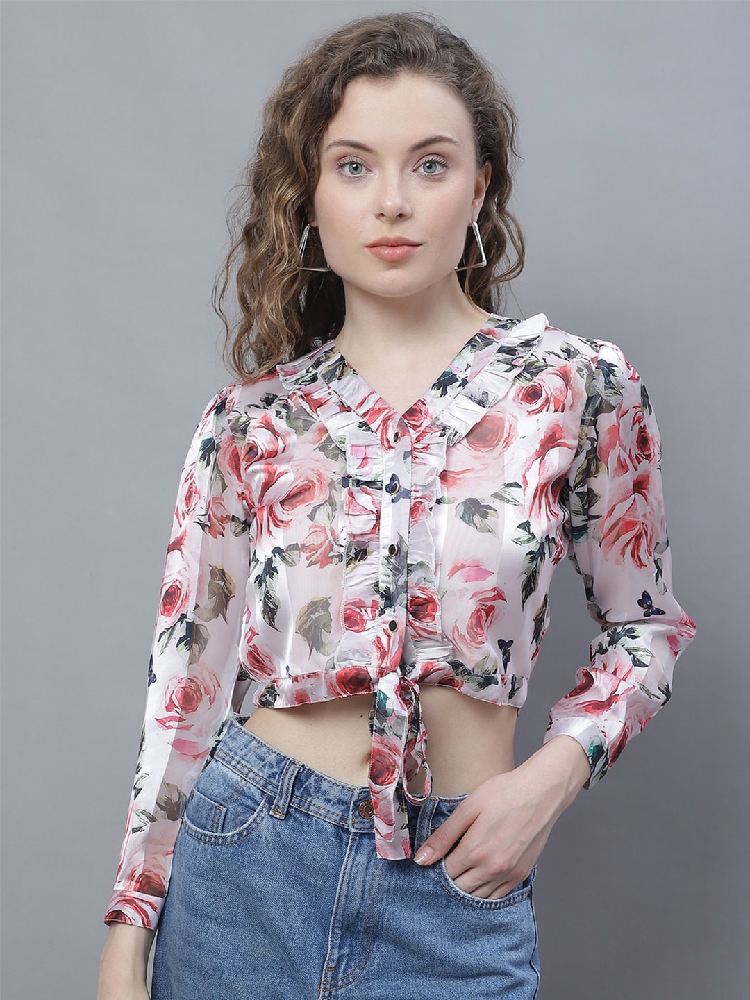 

Karmic Vision Floral Printed Shirt Style Crop Top, White