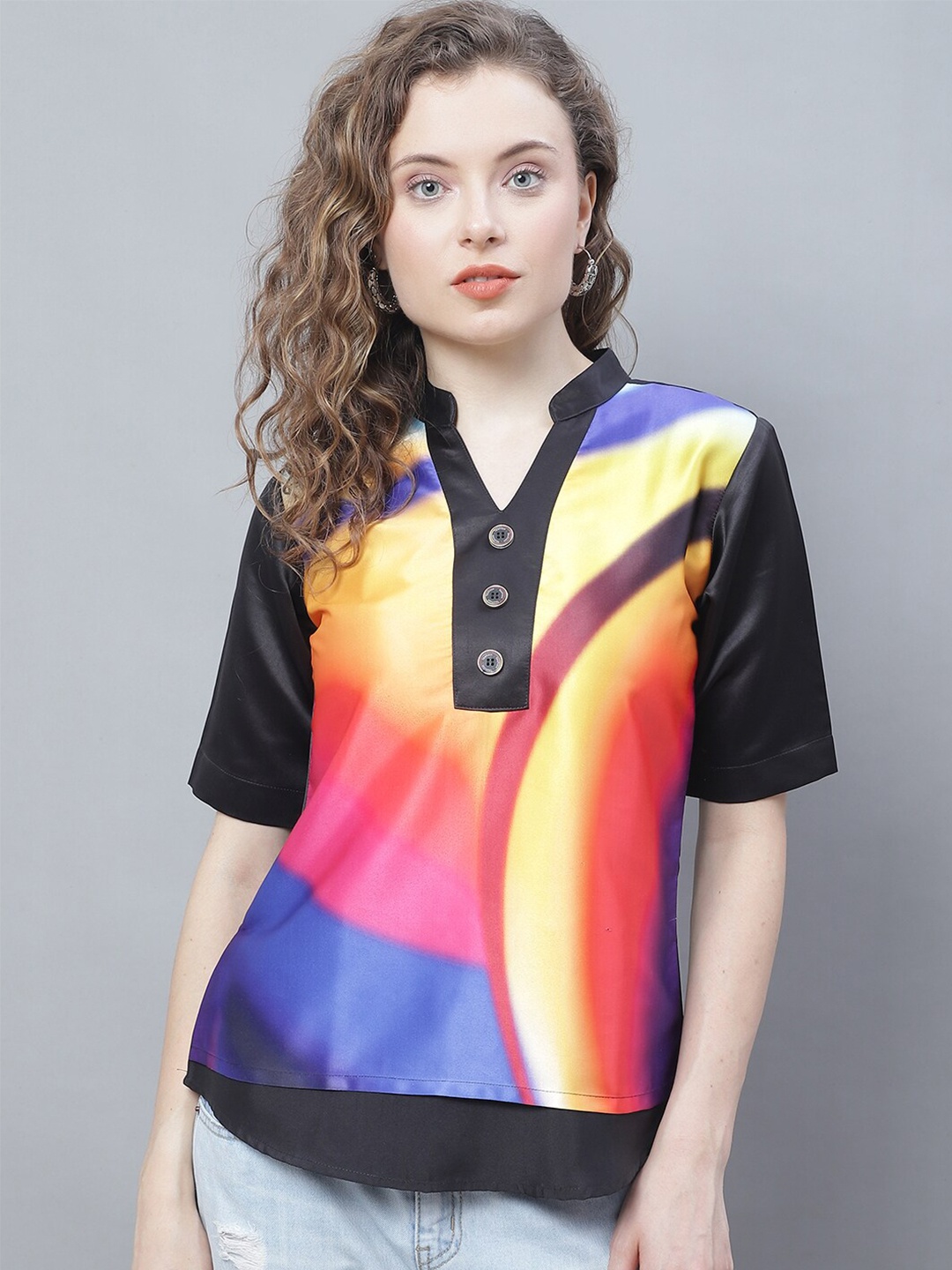 

Karmic Vision Abstract Printed Mandarin Collar Shirt Style Top, Pink