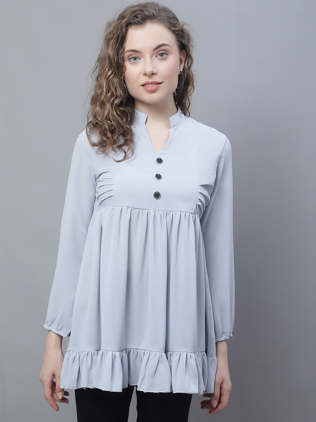 

Karmic Vision Mandarin Collar Ruffled Empire Top, Grey
