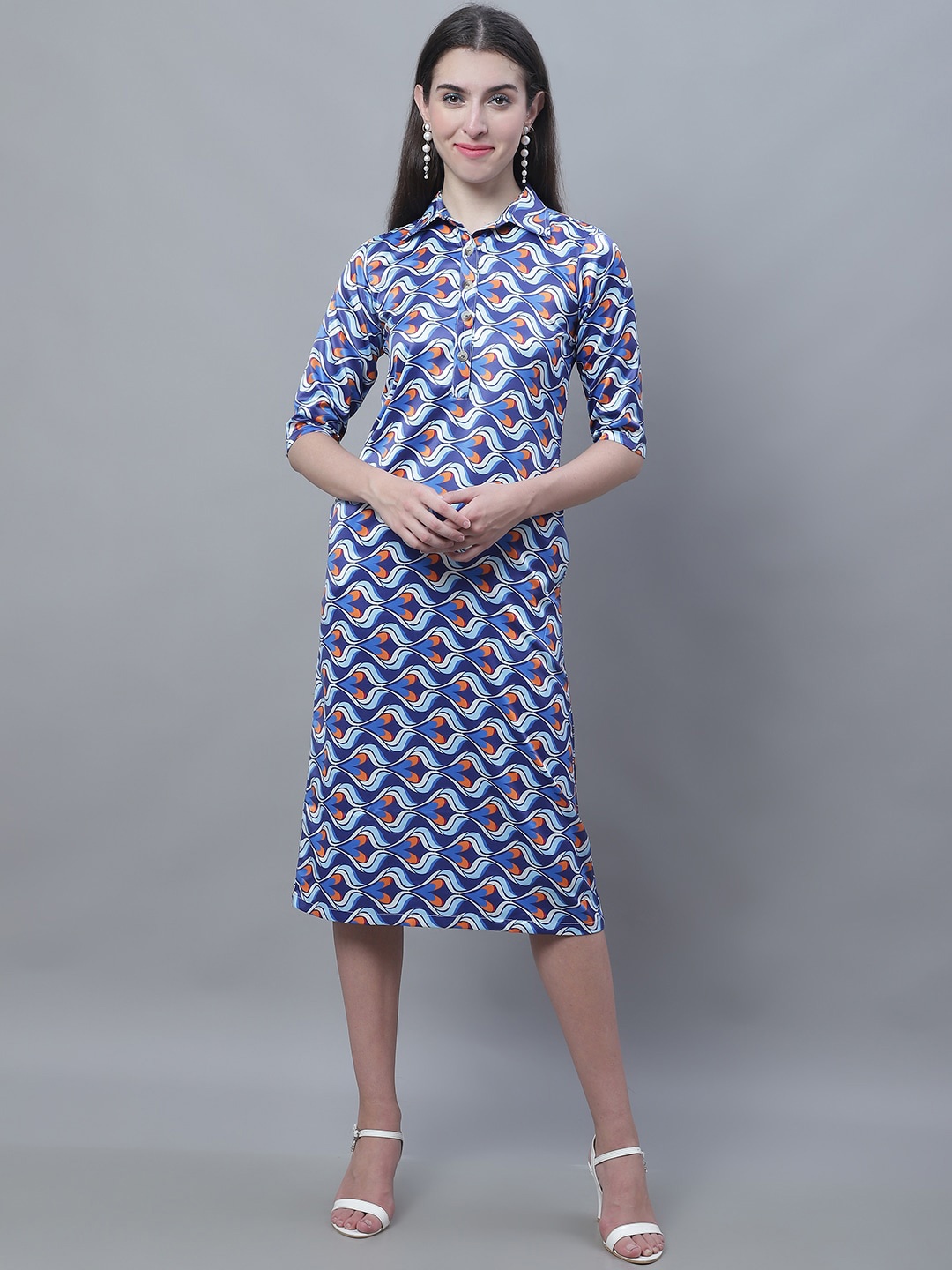 

Karmic Vision Abstract Printed Crepe Shirt Midi Dress, Blue