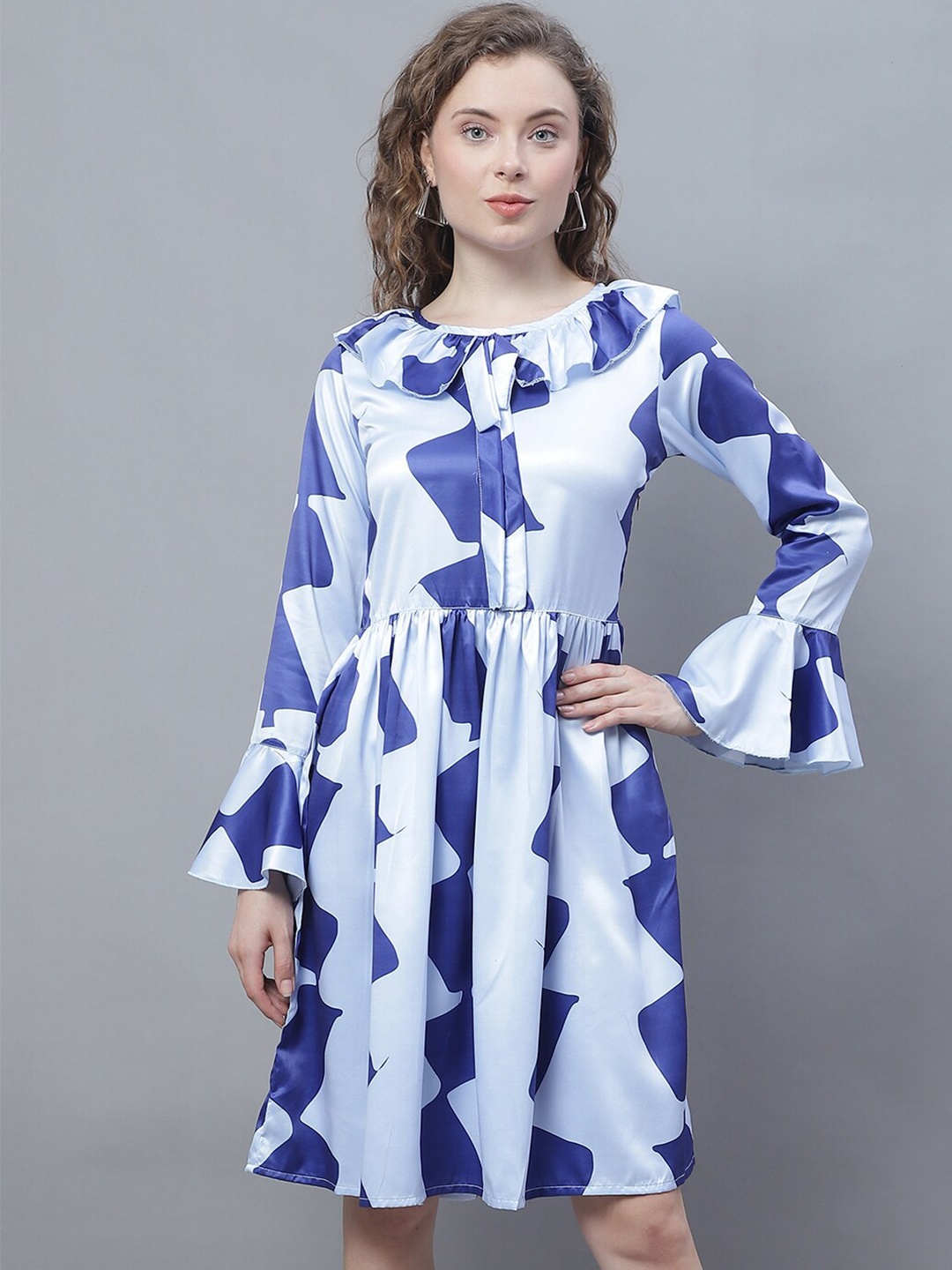 

Karmic Vision Geometric Printed Bell Sleeve Crepe Fit & Flare Dress, Blue