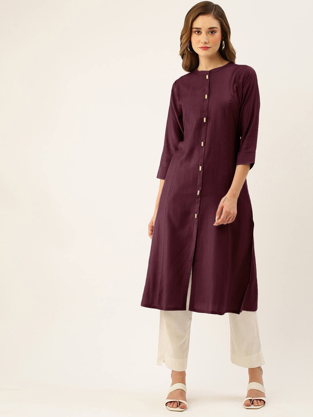

ZOLA Mandarin Collar Solid A-Line Kurta, Burgundy