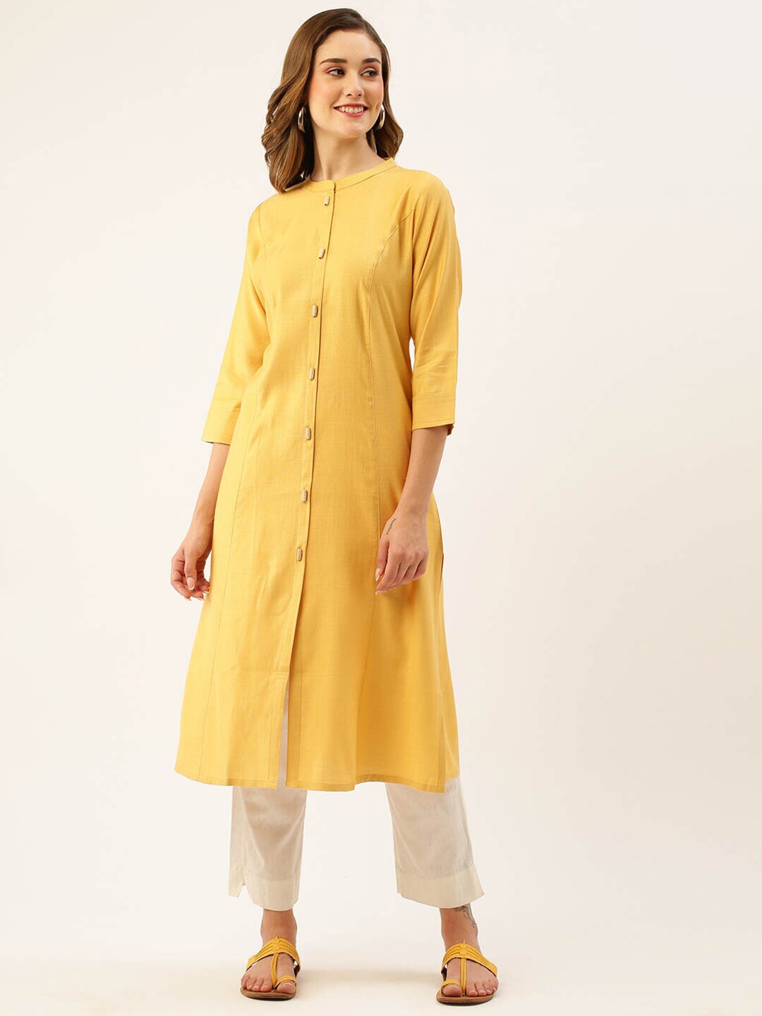 

ZOLA Mandarin Collar Solid A-Line Kurta, Yellow