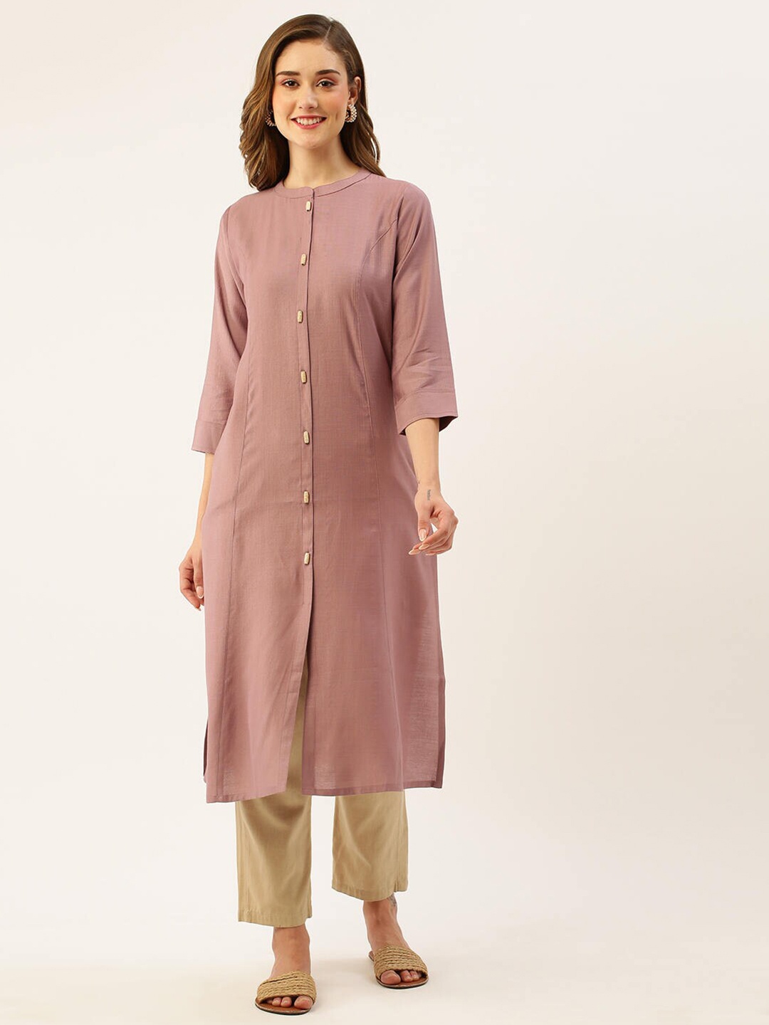 

ZOLA Mandarin Collar Solid A-Line Kurta, Mauve