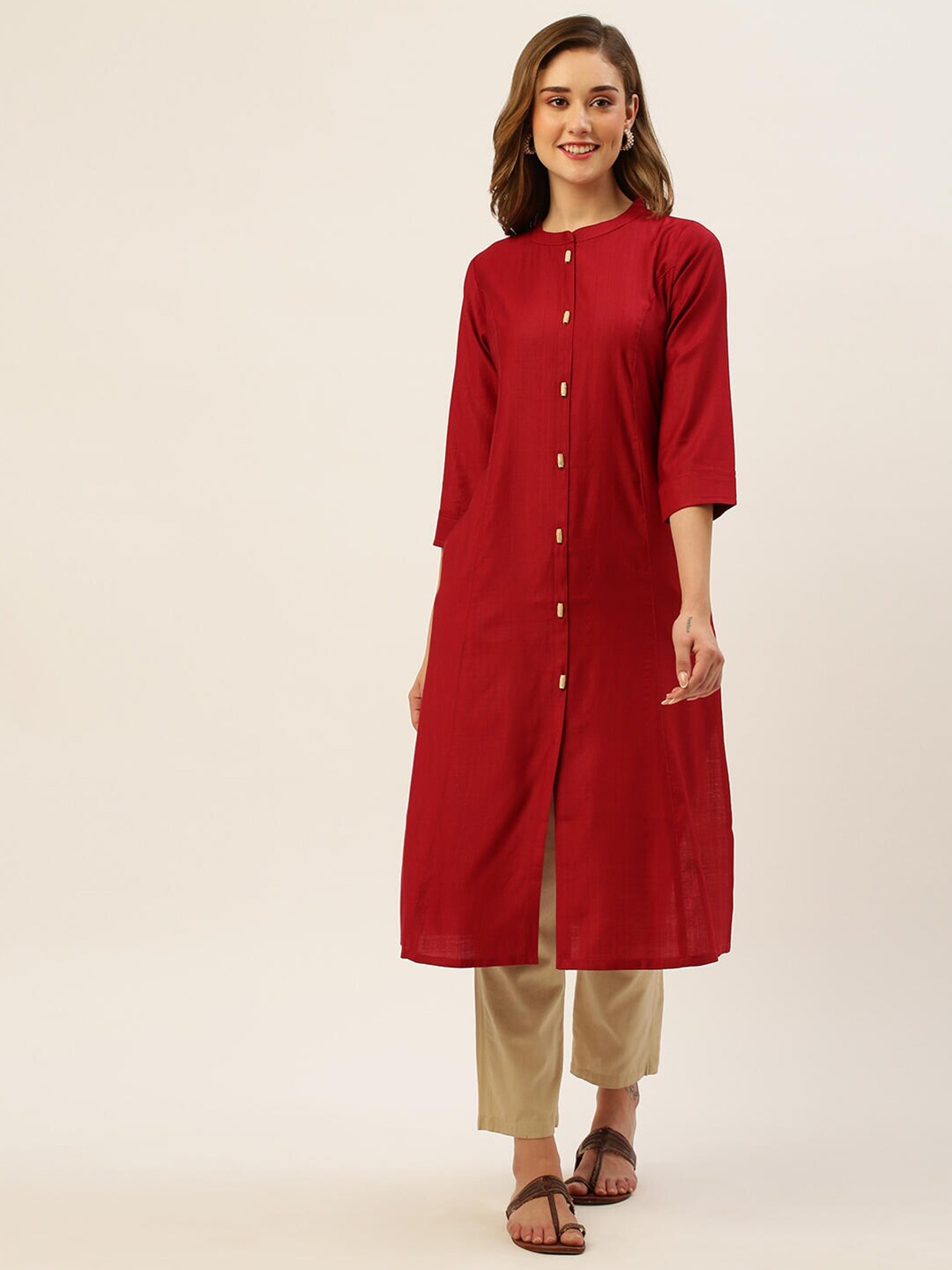 

ZOLA Mandarin Collar Solid A-Line Kurta, Red