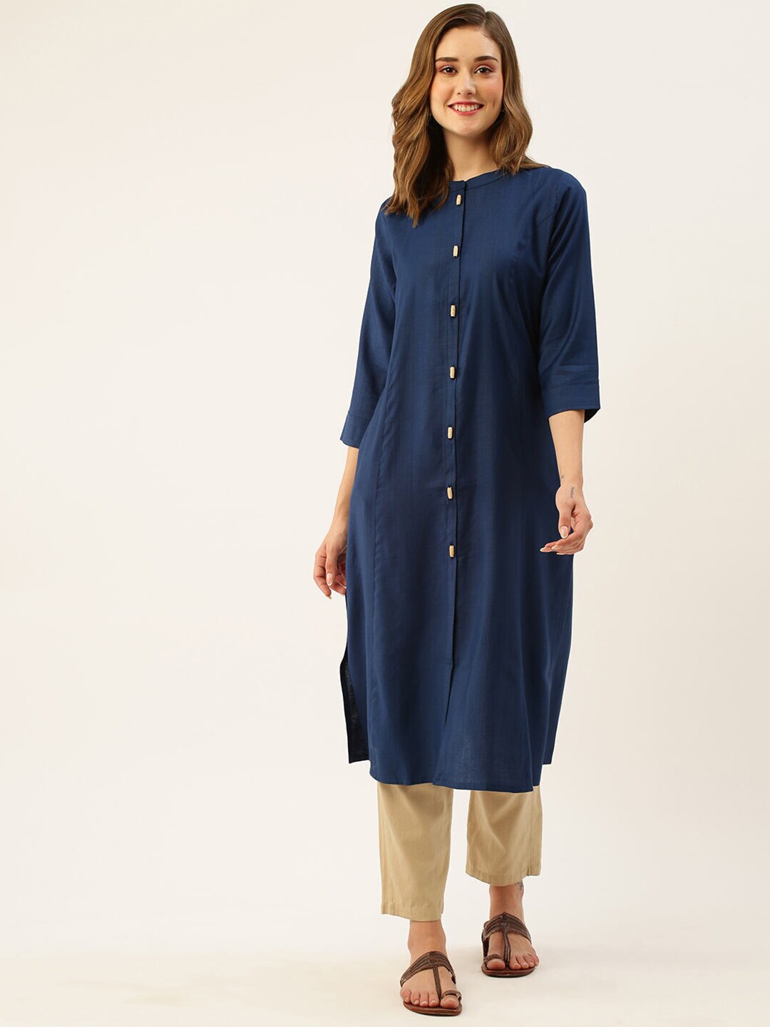 

ZOLA Mandarin Collar Solid A-Line Kurta, Navy blue