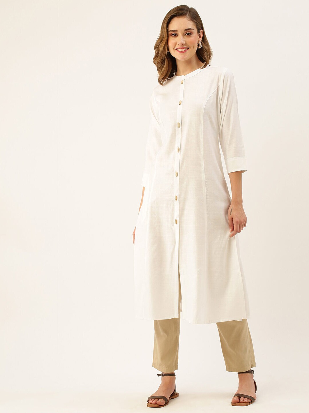 

ZOLA Mandarin Collar Solid A-Line Kurta, Off white