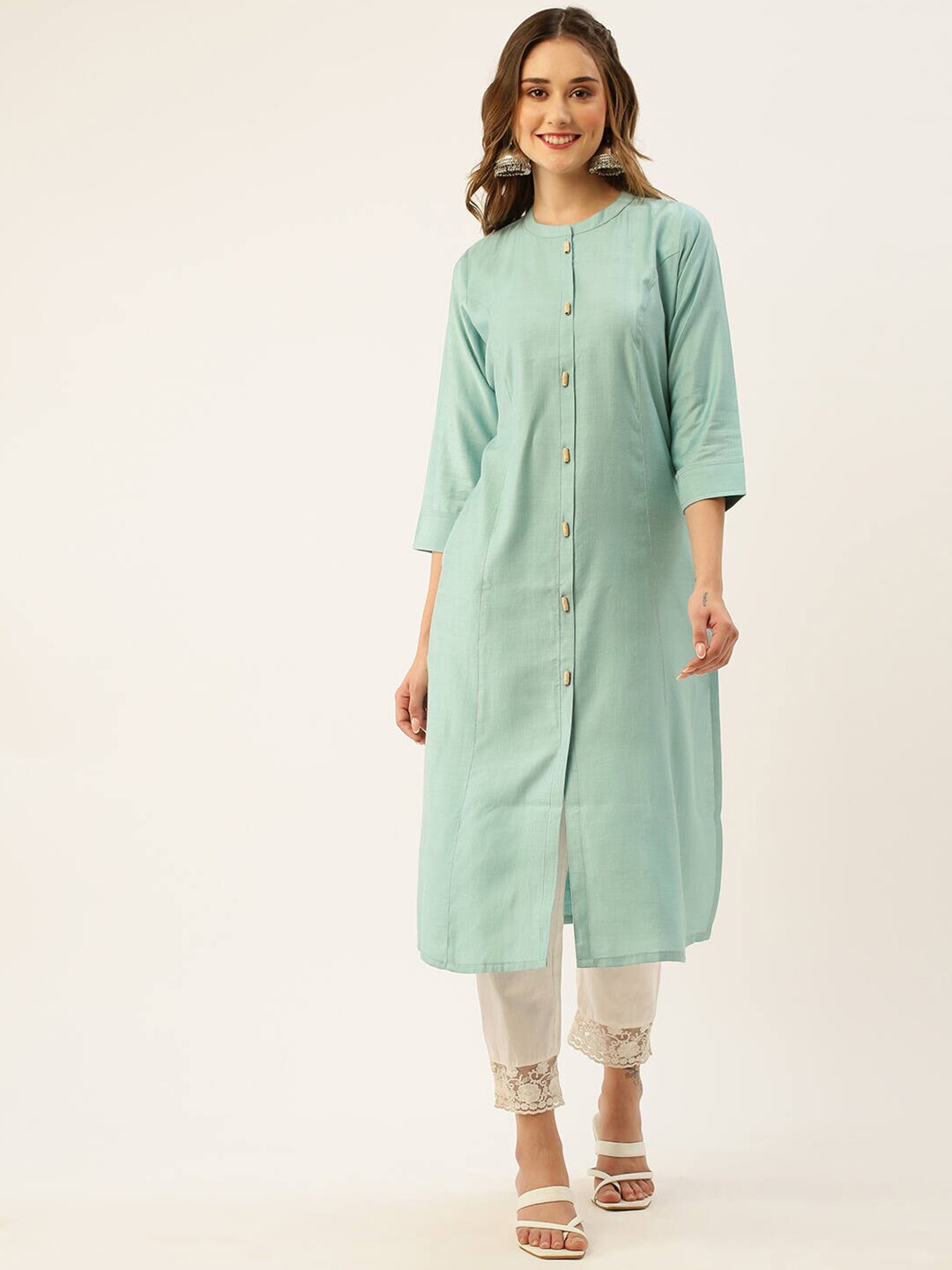 

ZOLA Mandarin Collar Solid A-Line Kurta, Green