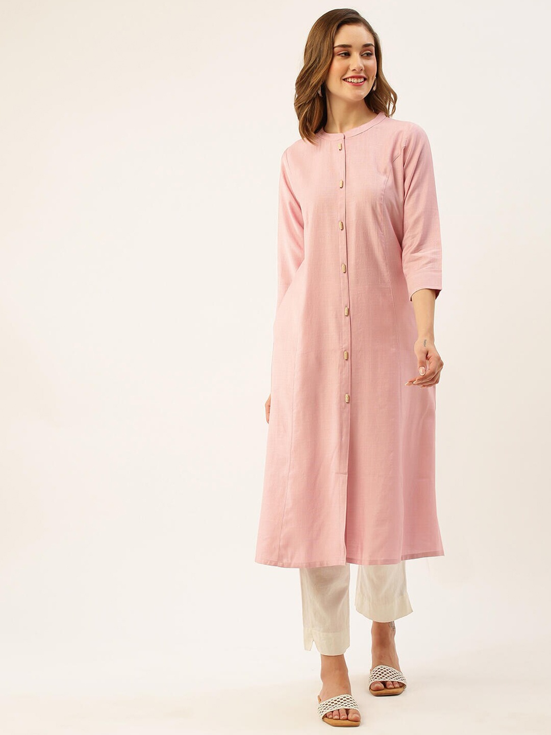 

ZOLA Mandarin Collar Solid A-Line Kurta, Pink