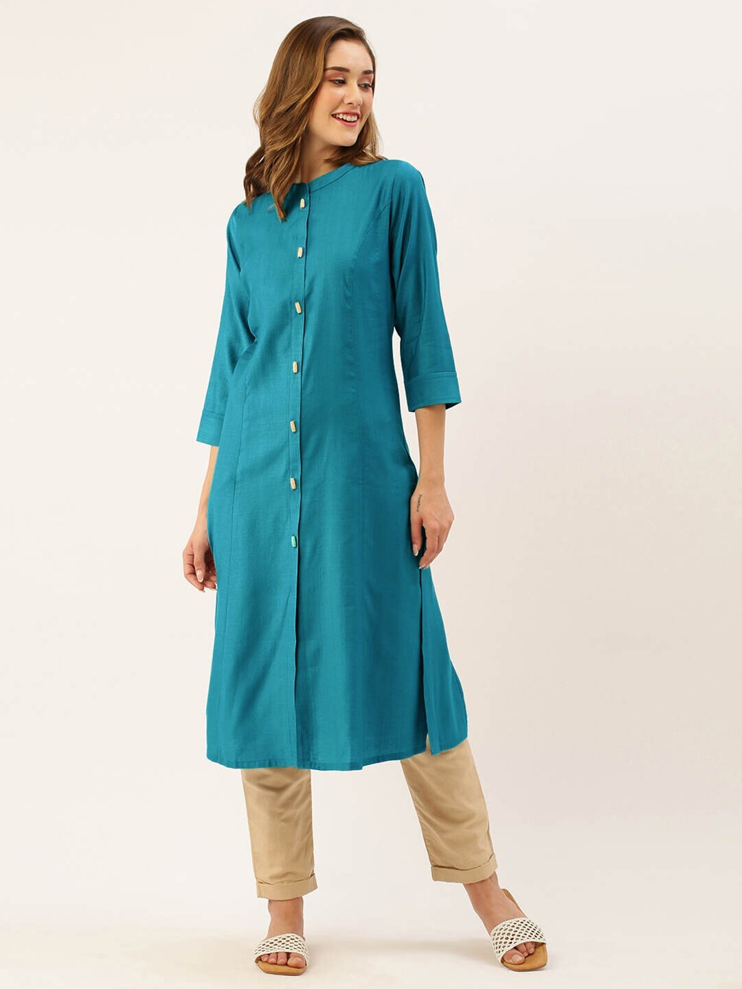 

ZOLA Mandarin Collar Solid A-Line Kurta, Teal