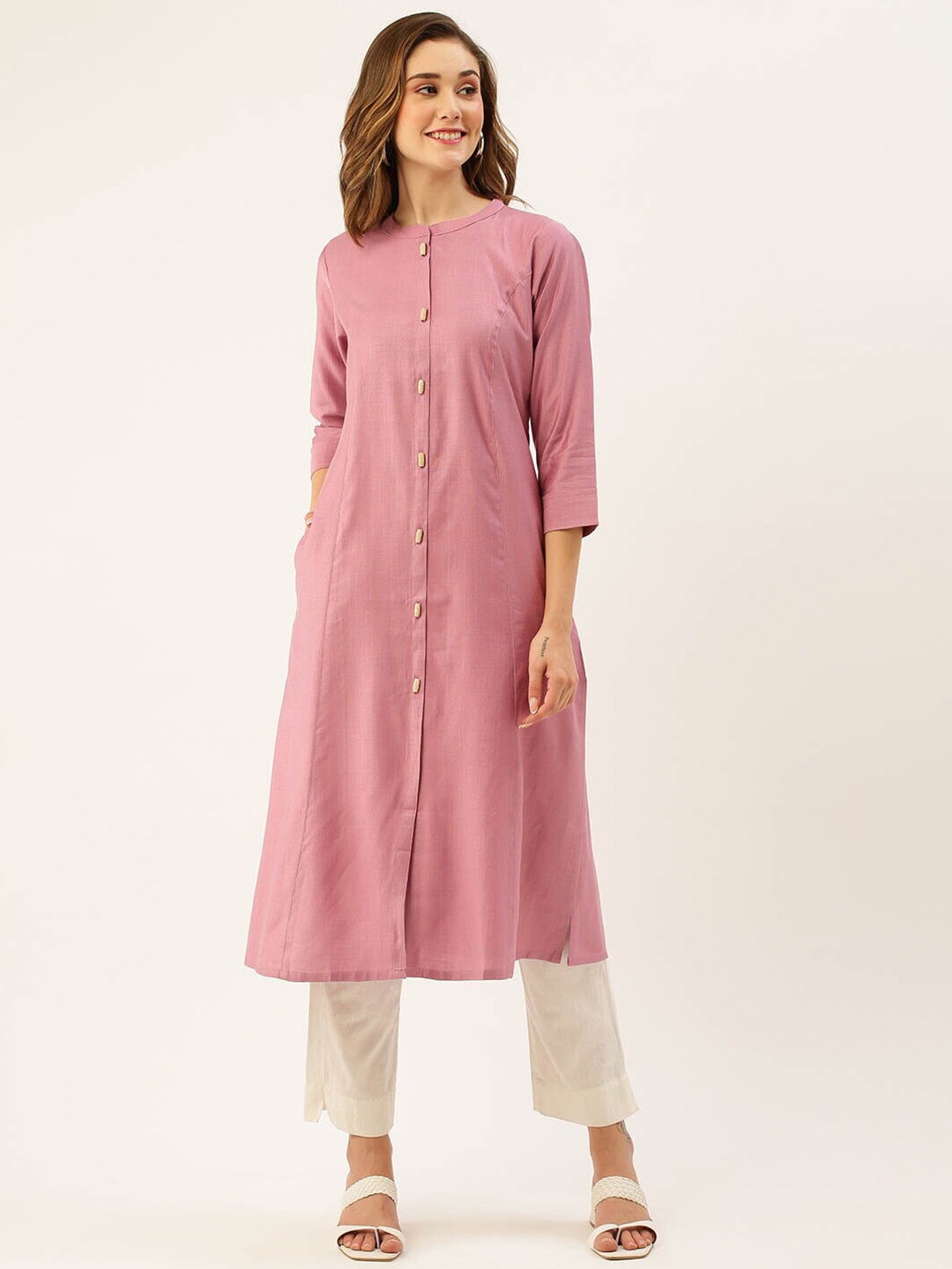 

ZOLA Mandarin Collar Solid A-Line Kurta, Pink