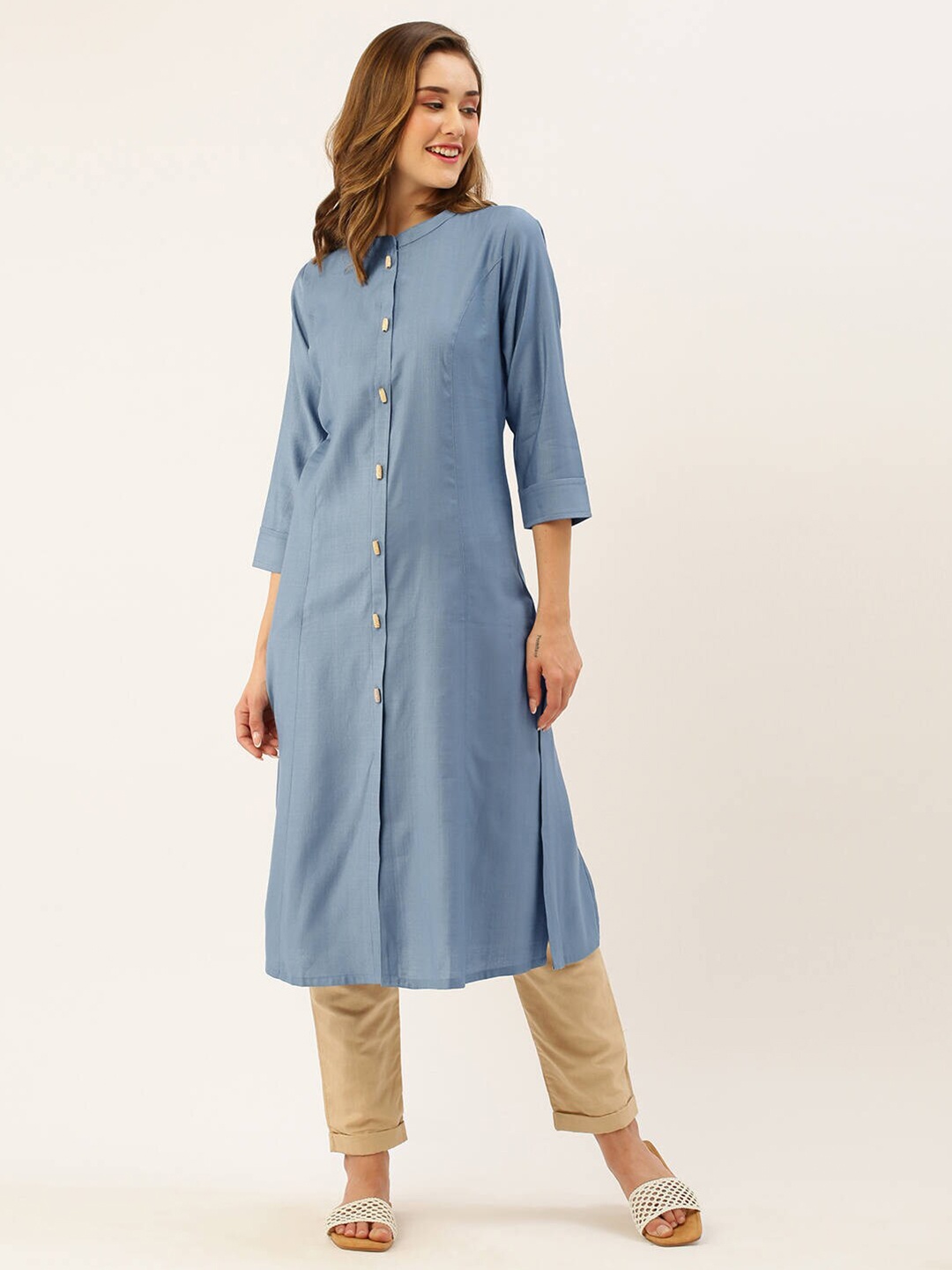 

ZOLA Women Mandarin Collar Solid A-Line Kurta, Blue