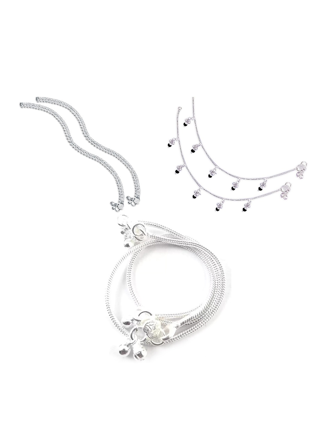 

RUHI COLLECTION Set Of 3 Silver-Plated Black Beaded Anklets