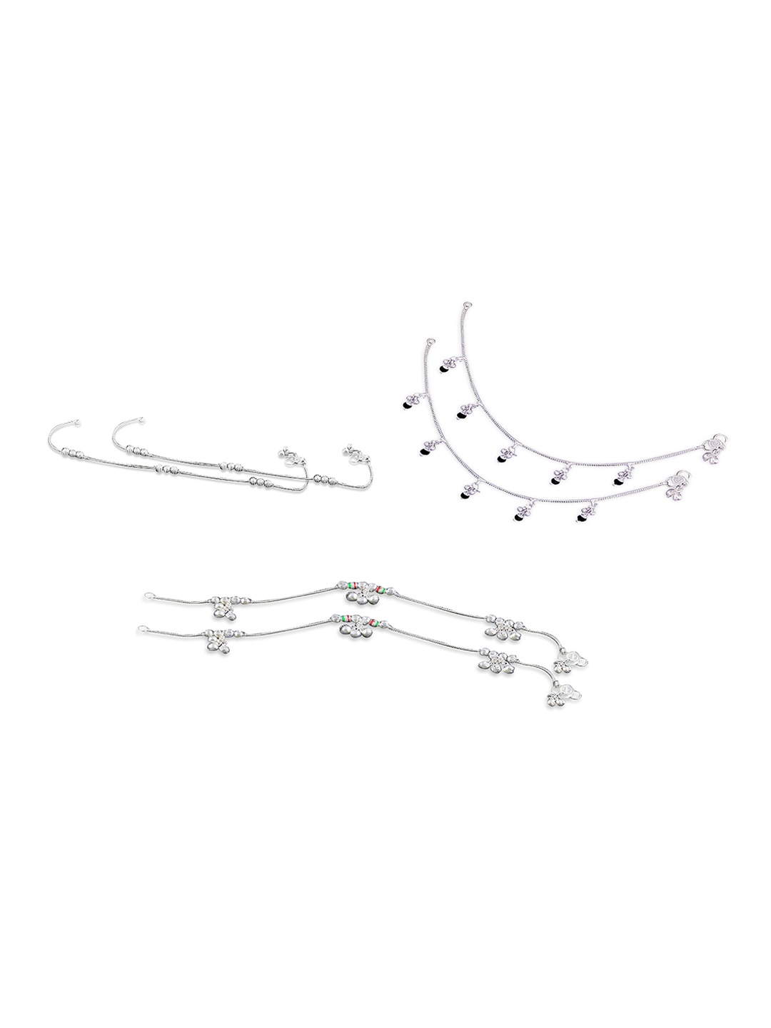 

RUHI COLLECTION Set Of 3 Silver-Plated & Black Beaded Anklets