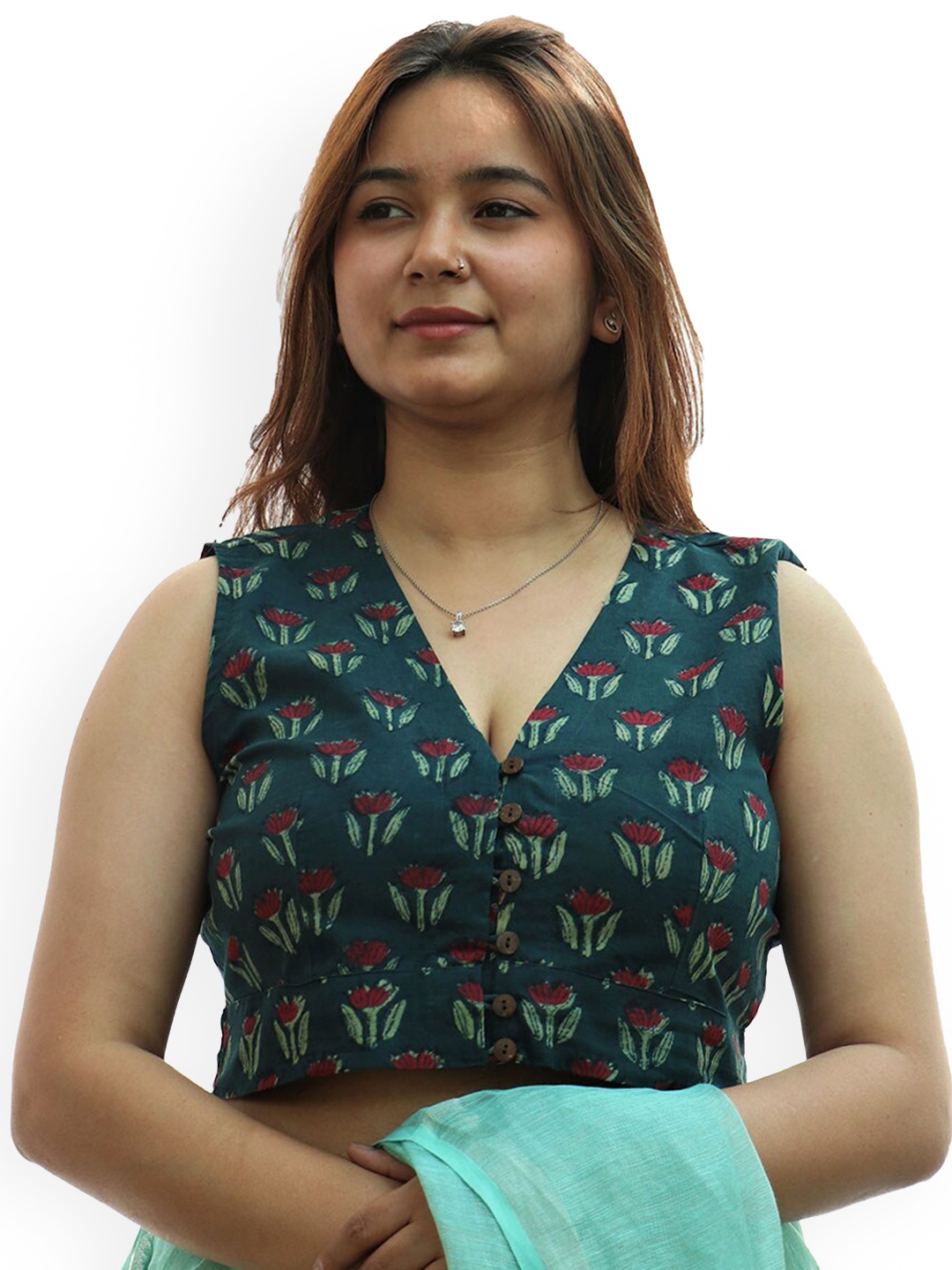 

Chidiyaa Hand Block Printed Cotton Blouse, Green