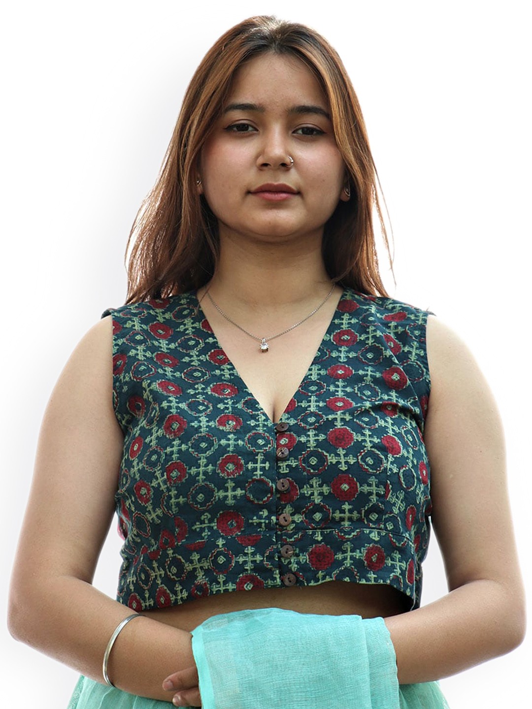 

Chidiyaa Ethnic Motifs Printed Cotton Blouse, Green