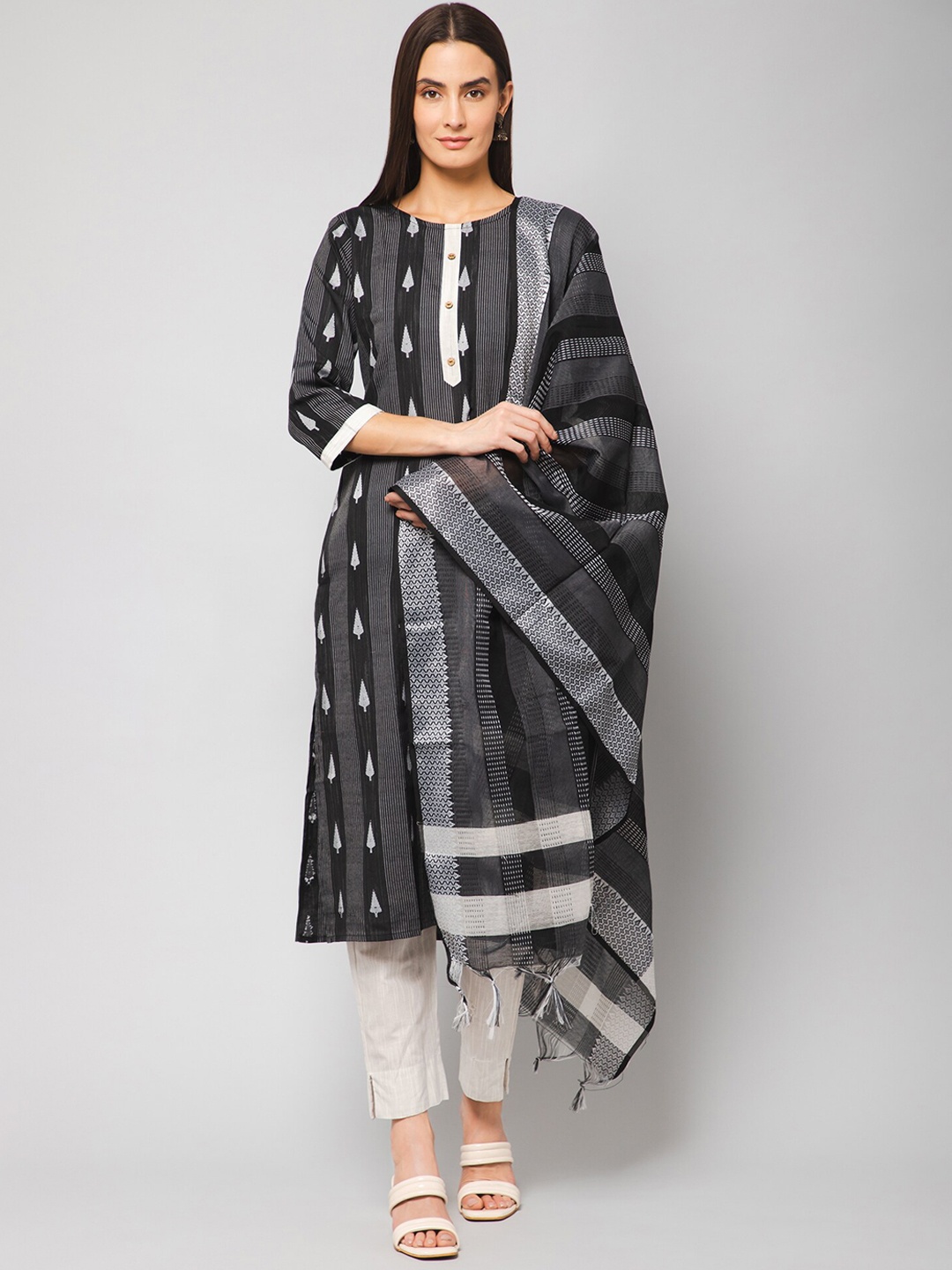 

Winza Designer Striped Straight Kurta With Trousers & Dupatta, Black