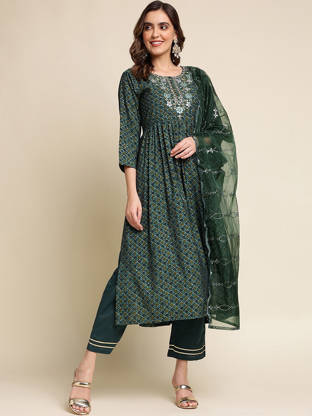 

Nimayaa Women Yoke Design Pleated Kurta with Trousers & With Dupatta, Green