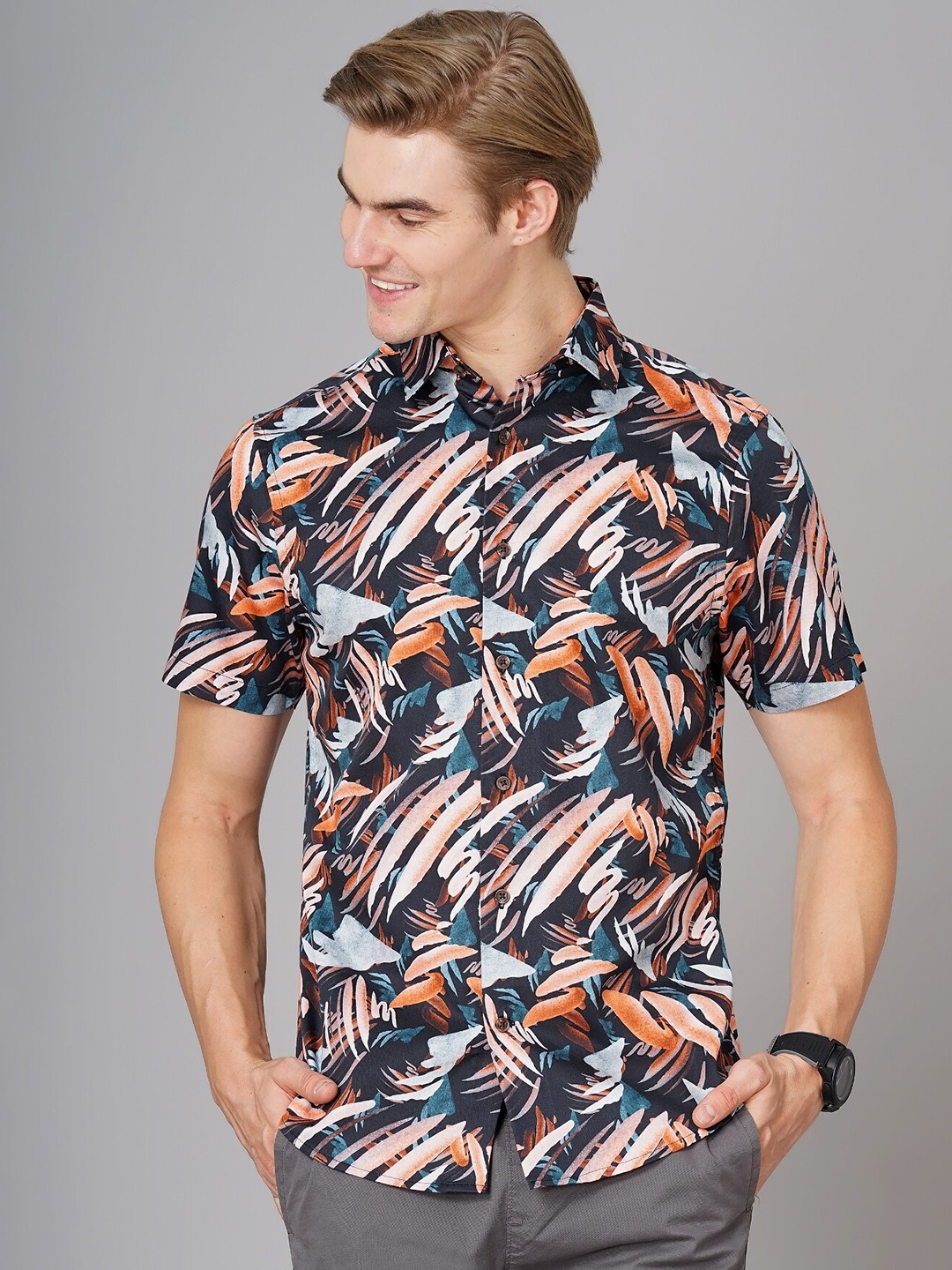 

British Club Smart Slim Fit Abstract Printed Casual Shirt, Black