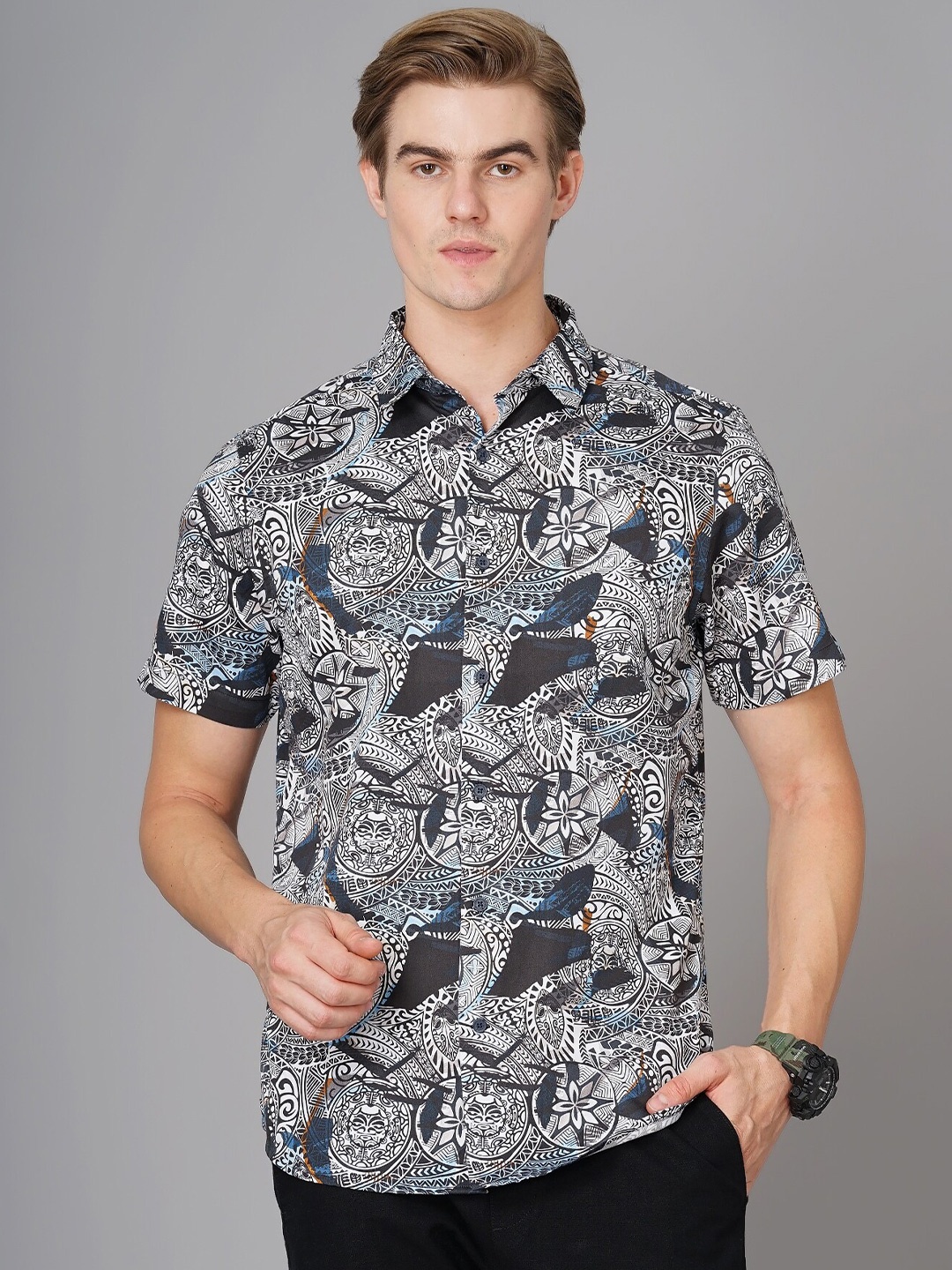 

British Club Smart Slim Fit Abstract Printed Casual Shirt, Black